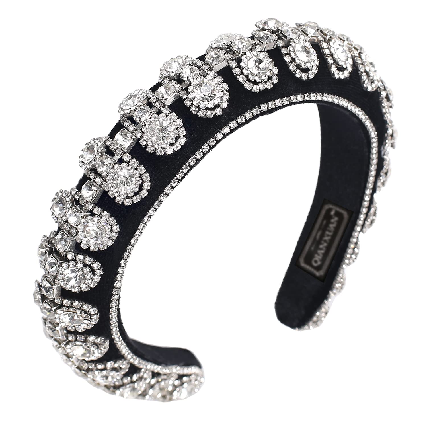 QIANXUANCrystal Rhinestone Headbands For Women White Pearl Headbands For Girls Padded Headband Black Velvet Jewelry Chain Hairband Handmade Pearly Flower Retro Filling Diamond Hair Accessories