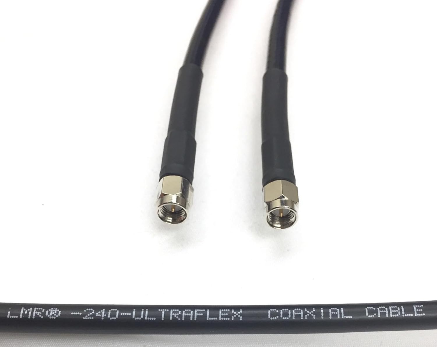 Close-up of SMA Male connectors on LMR240 Ultraflex coaxial cable