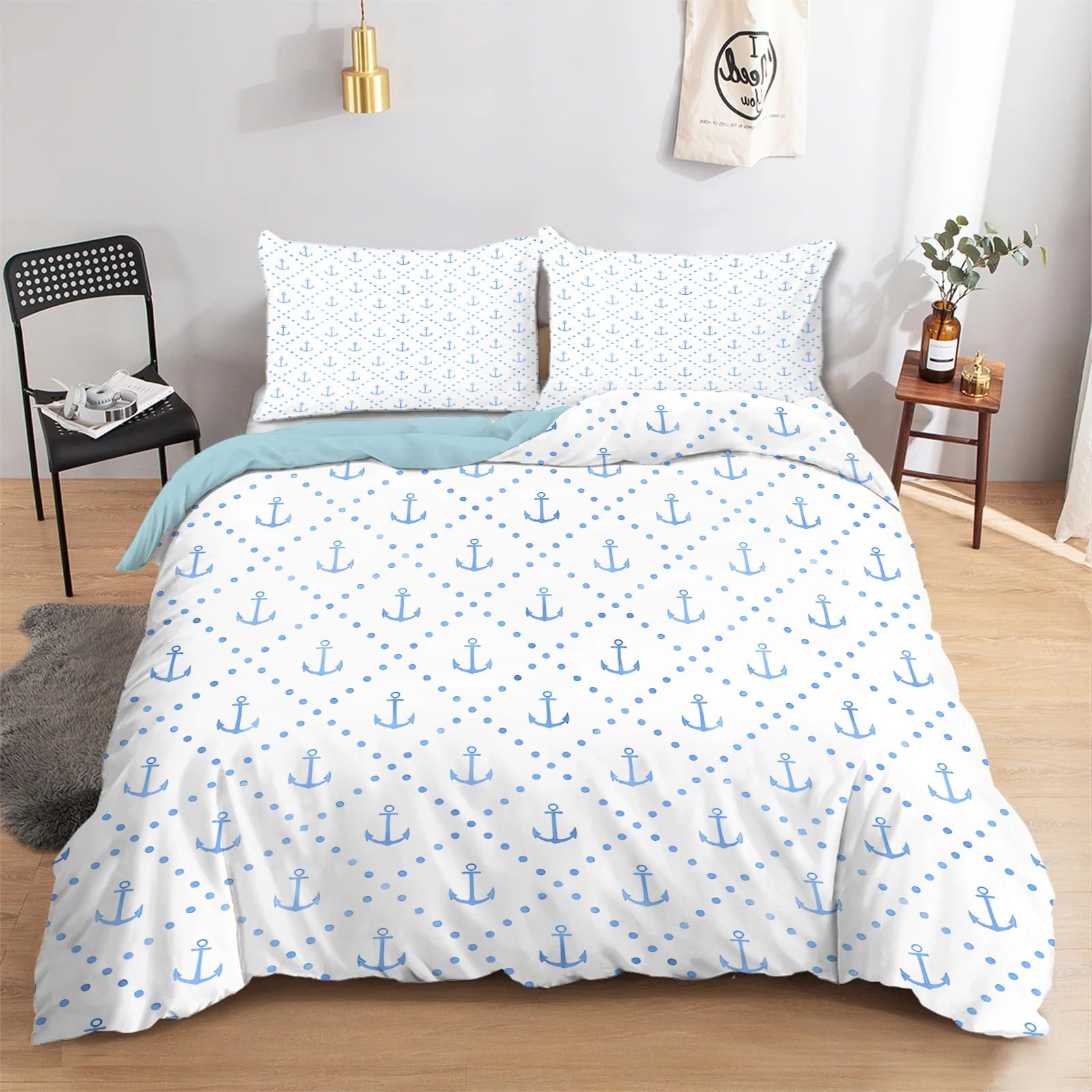 Anker Bettwäsche 220x240 - Küste Punkte Bettbezug 220x240 - Maritim Küsten Wendebettwäsche und 2 Kissenbezüge 80x80, Warm Mikrofaser Bettdeckenbezug mit Reißverschluss, F-506