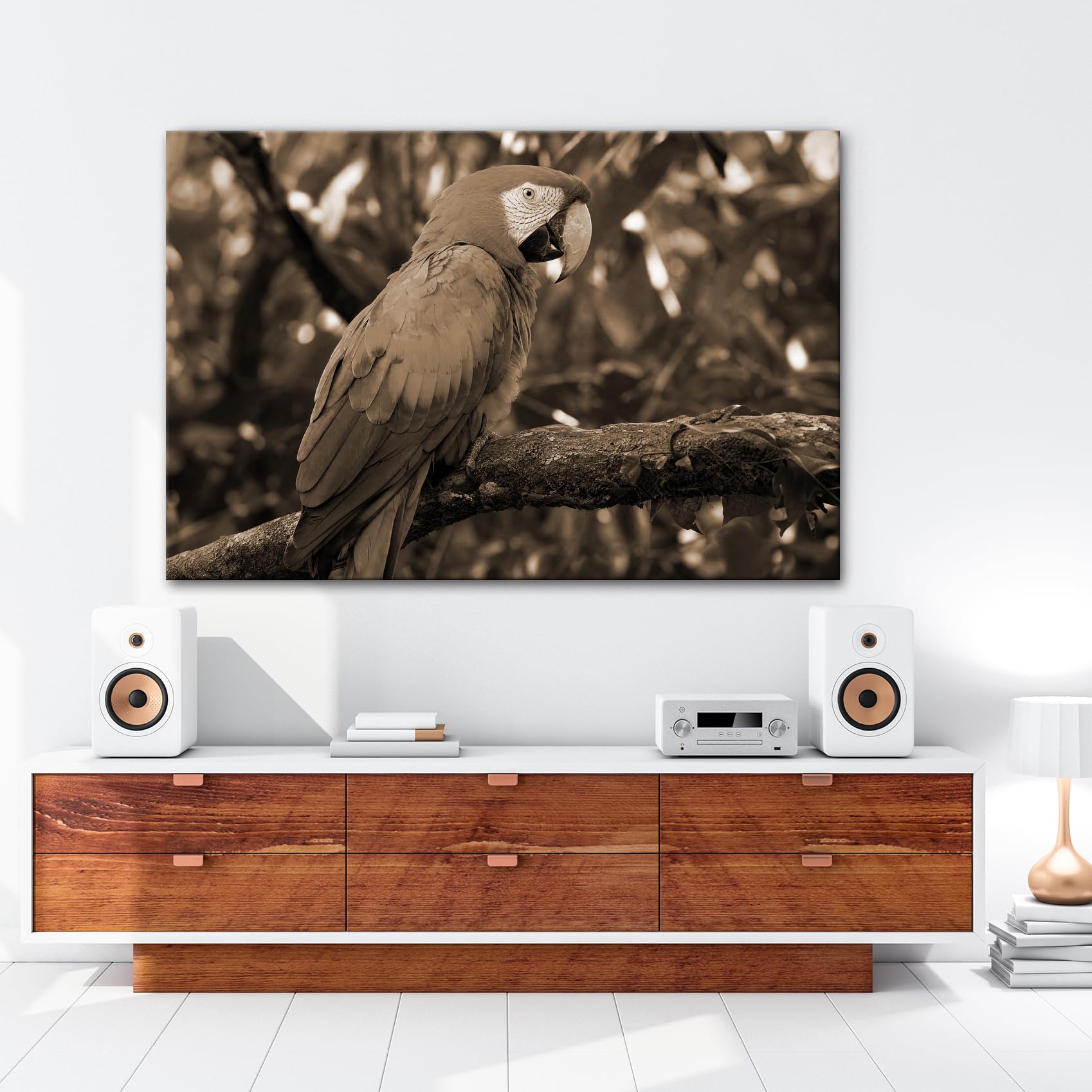 deyoli Obraz na płótnie Kolorowa papuga na gałęzi w lesie 70 x 50 cm Sepia | Format poziomy, jednoczęściowy druk artystyczny XXL, obraz na blejtramie, obraz na płótnie, obraz ścienny, dekoracja salonu