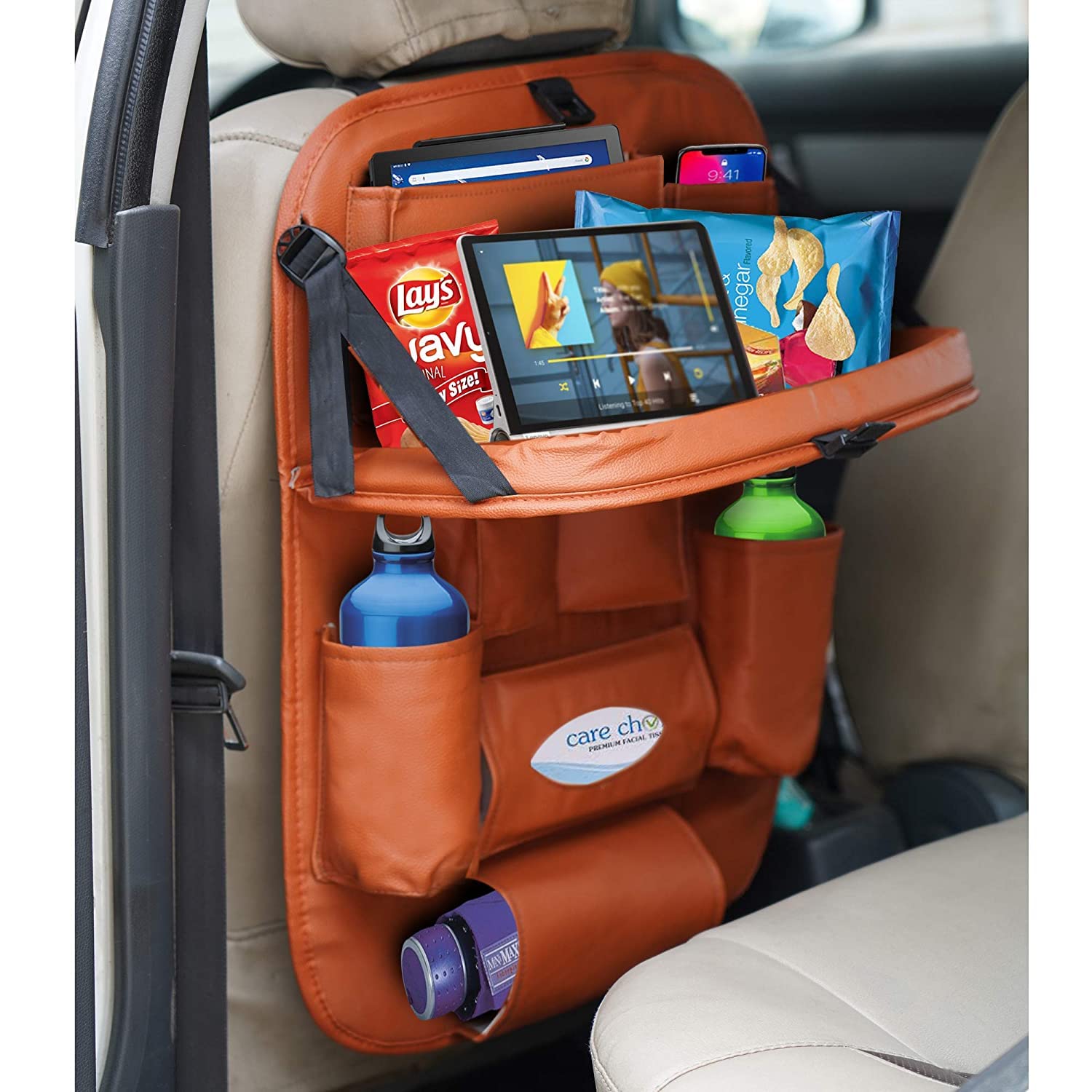 Auto Oprema Universal PU Leather Car Seat Back Organizer with Foldable Dining Table Tray, Multipocket Storage Tablet, Bottle and Tissue Paper Holder