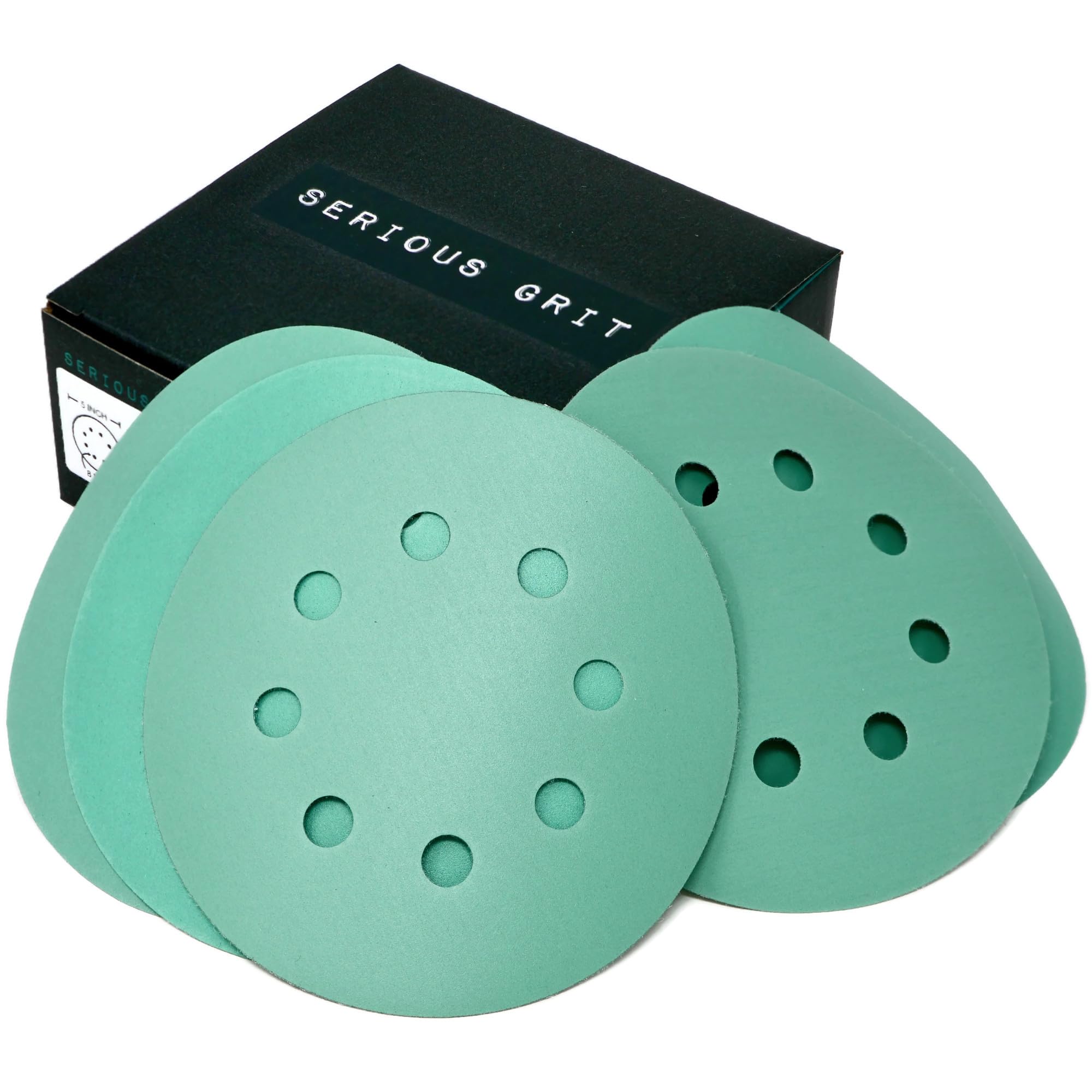 Serious Grit Sanding Discs 5 Inch 8 Hole Fine Grit Assortment - 320, 400, 600, 800, 1000 Grit (10/each) - Hook & Loop Wet Dry Film Sandpaper Discs -