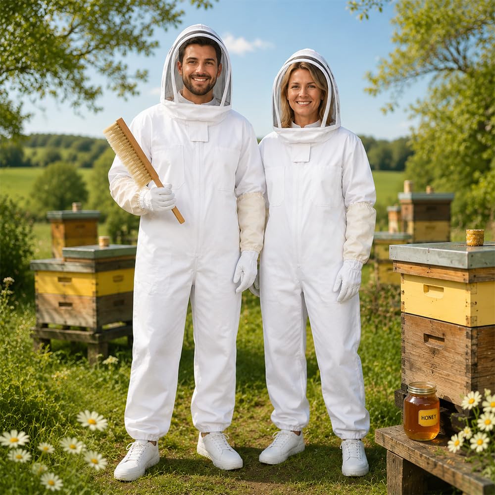 Imkeranzug mit Imkerhandschuhe, XL/XXL Professioneller Vollschutz Imker kostüm, Abnehmbarer Kapuze Atmungsaktiver Imker Schutzanzug Unisex Männer Frauen Garten Hinterhof Ranch, Weiß