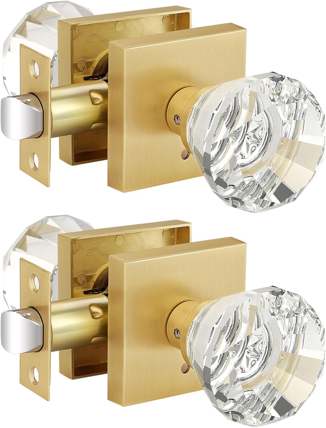 EHOMEWARE Glass Door Knobs Gold 2 Pack, Keyless Door Knob for Bedroom, Privacy Door Lock Set, Interior Door Knobs, Satin Brass Crystal Door Handles