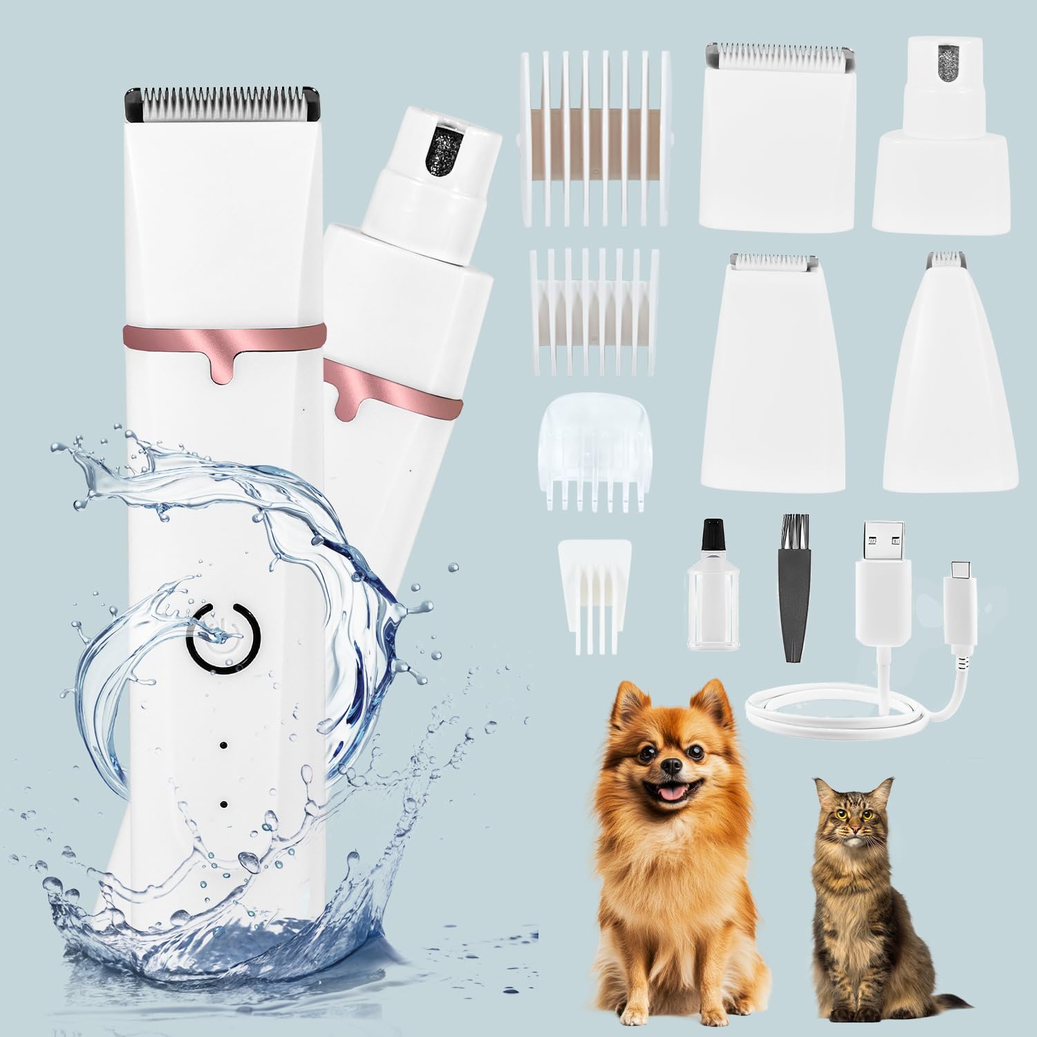 Dog Grooming Clippers, Upgrade Waterproof Cordless Low Noise 4-in-1 Cat Trimmer for Grooming, Rechargeable USB Dog Paw Trimmer - Includes 4 Guide