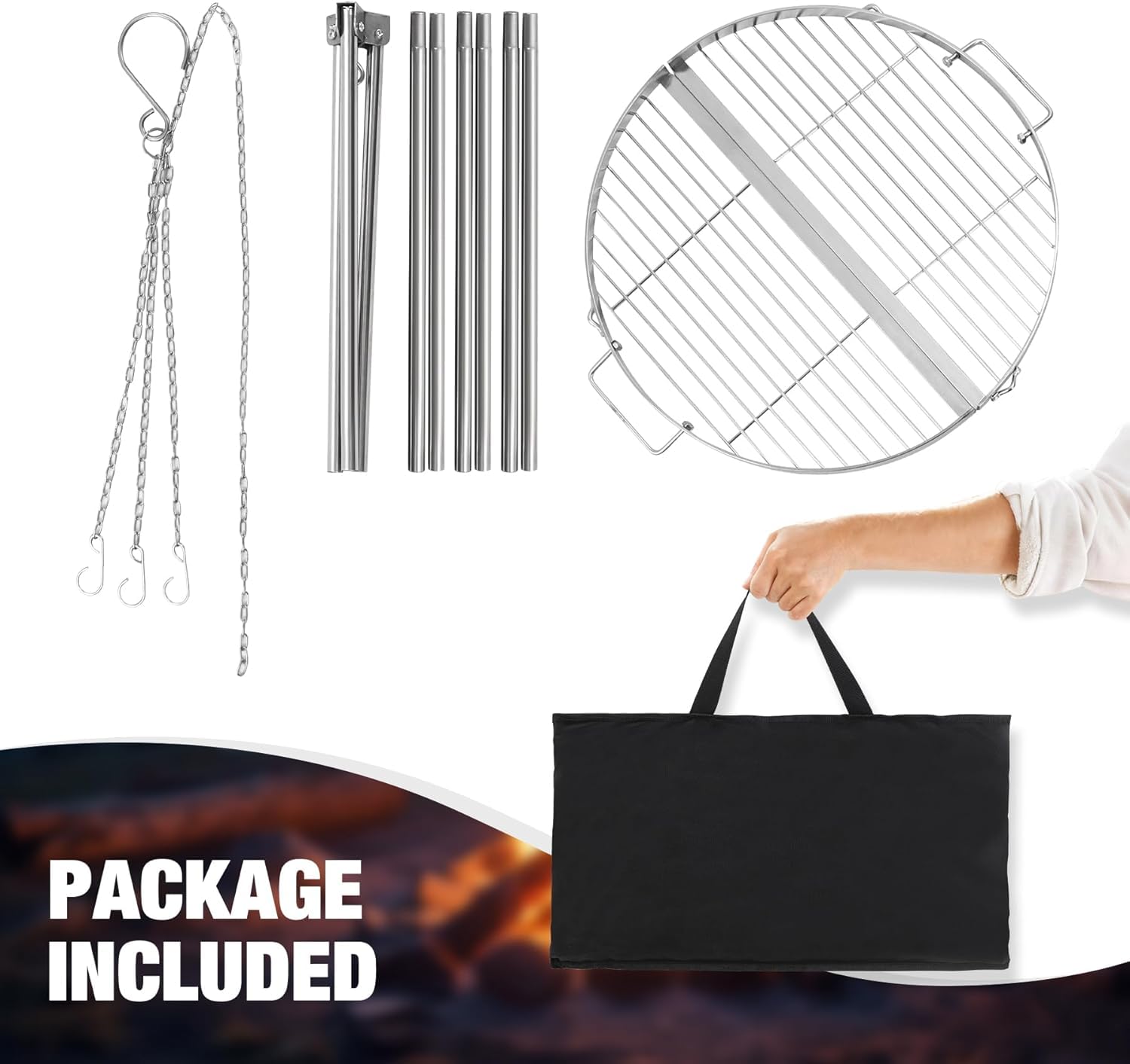 REDCAMP Barbecue pivotant avec grille de cuisson, chaînes réglables en hauteur en acier inoxydable, barbecue pivotant en acier inoxydable avec grille de cuisson ronde et sac de transport pour barbecue