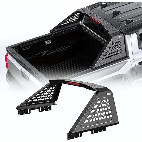 Roll Bar for Mid-Size Pickup Trucks - Universal Truck Bed Rack & Chase Rack with Third Brake Light Combo, Heavy Duty Headache Rack, No Drilling