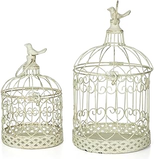 Moritz Jaula decorativa para pájaros, color blanco, redondo, 2 unidades, decorada con decoración de pájaros, jaula decorativa para flores, velas, decoración colgante, portavelas