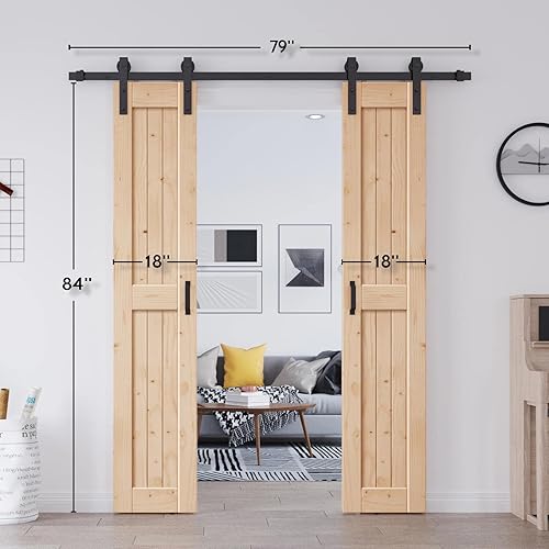 Miniatura 7 de EaseLife Puerta de granero de 36 x 84 pulgadas (puerta doble de 18 x 84 pulgadas) con herrajes para puerta corrediza de 6.6 pies y mango incluidos,