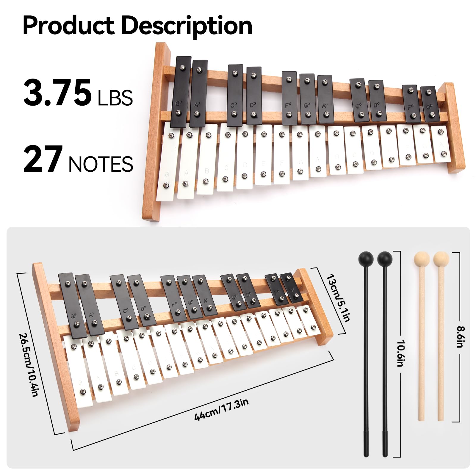 Heuyrao Xilofono pieghevole Glockenspiel 27 note, bianco e nero | Strumento a percussione in legno, 4 mazzuole incluse, borsa per il trasporto inclusa, per adulti e principianti