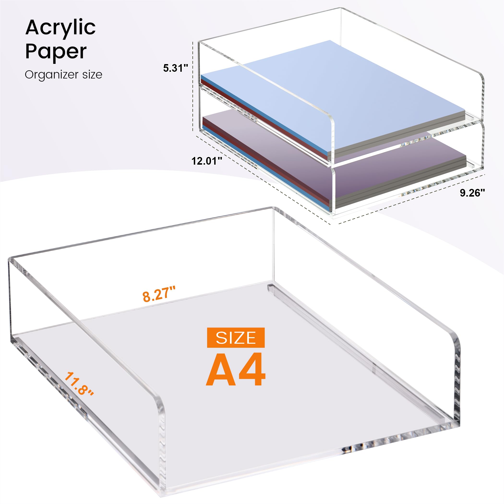 SANRUI Premium 2-stöckige Briefablage aus Acryl – 5 mm extra dick & stabil – stapelbarer A4-Papier-Organizer & Dokumentenhalter – kristallklarer Schreibtisch-Organizer für Zuhause & Büro (30,5 x 23,5