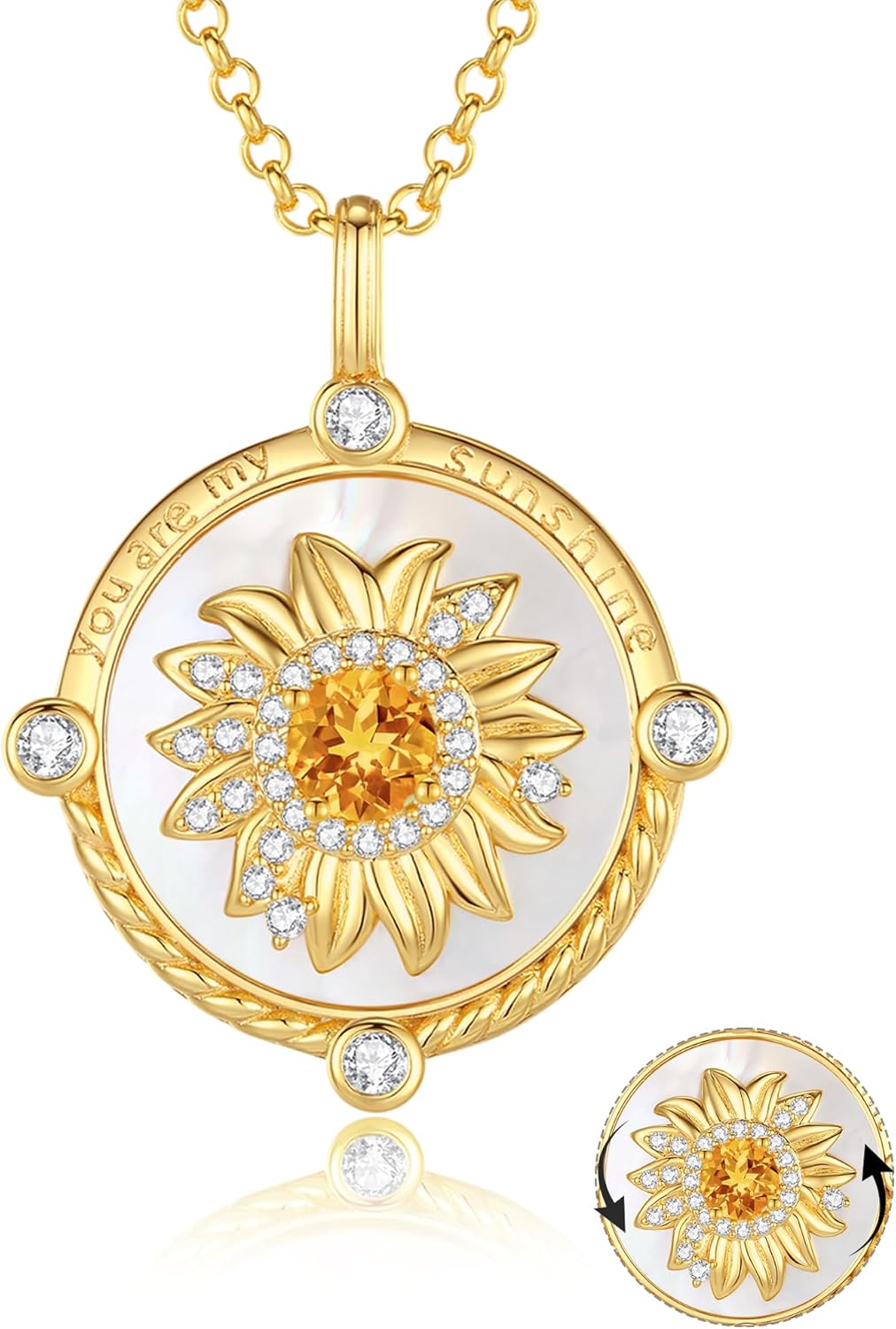 FANCIME Sunflower necklace Sterling Silver Spinning Anxiety Pendant for anti-stress, You Are My Sunshine Mother of pearl Jewelry Birthday Christmas Gifts for Women Wife Her