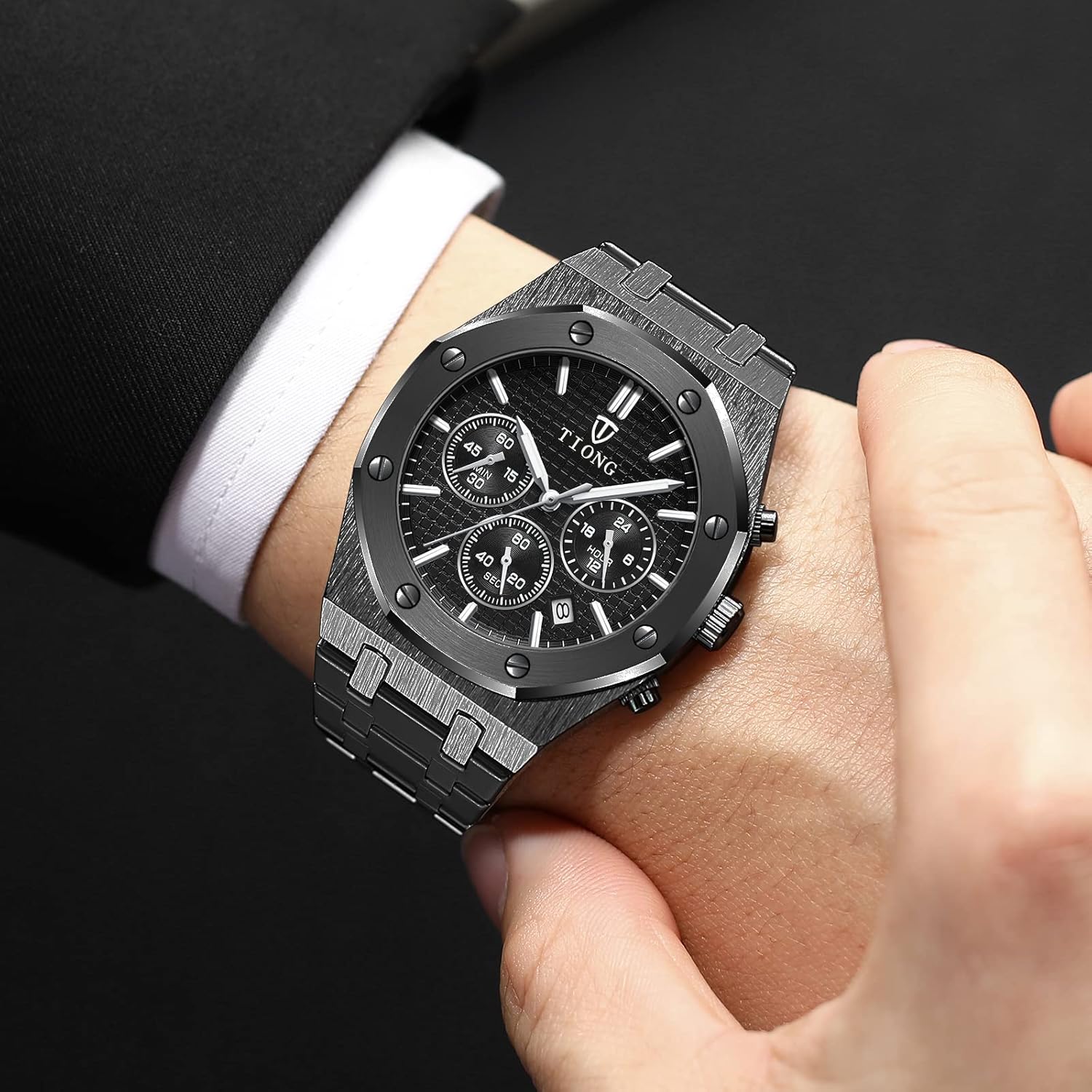 Tiong Mens Watches Chronograph Stainless Steel Waterproof Date Analog Quartz Watch Business Casual Fashion Wrist Watches for Men - Image 6