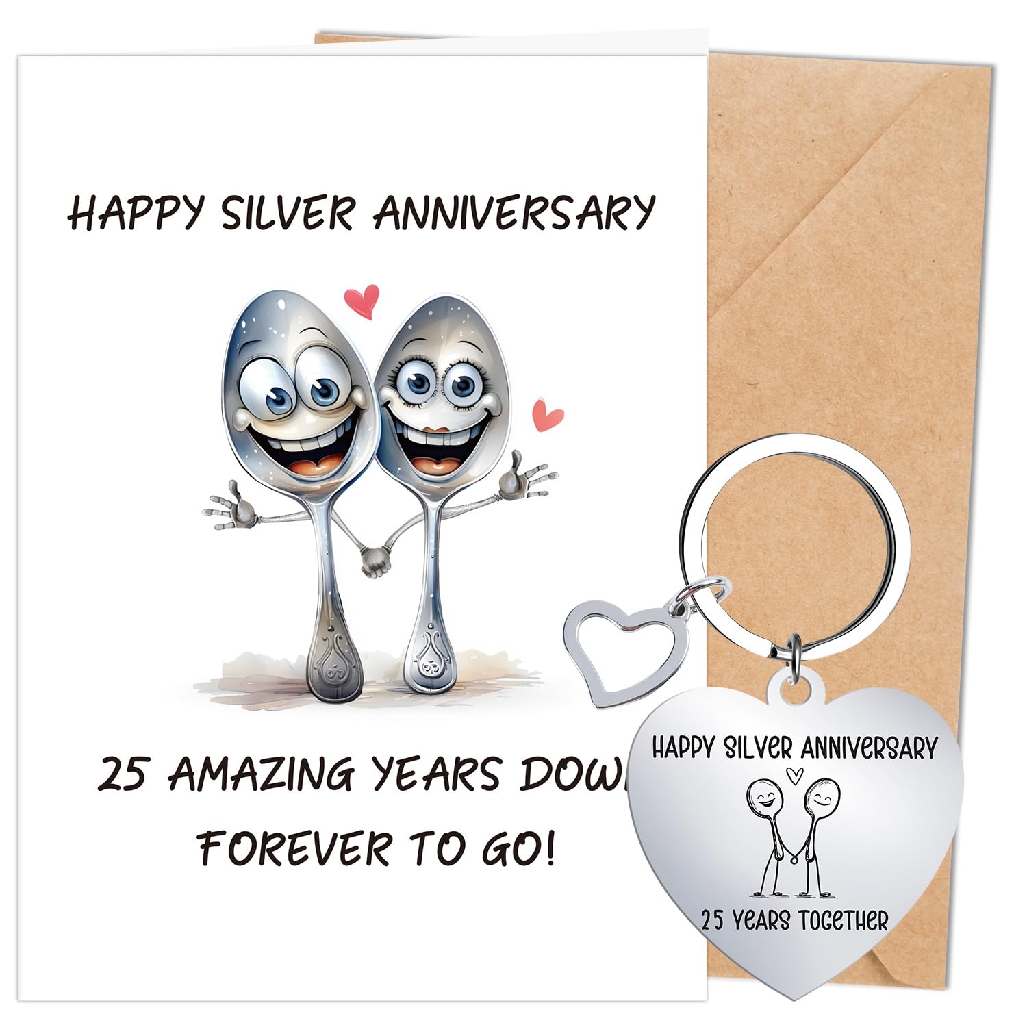 Luvart 25th Silver Wedding Anniversary Card - 2Pcs 25th Anniversary Wedding Gifts Set, Cute Funny Silver Marriaged 25 Years Card with Envekope and Keyring Presents for Wife Husband Couple