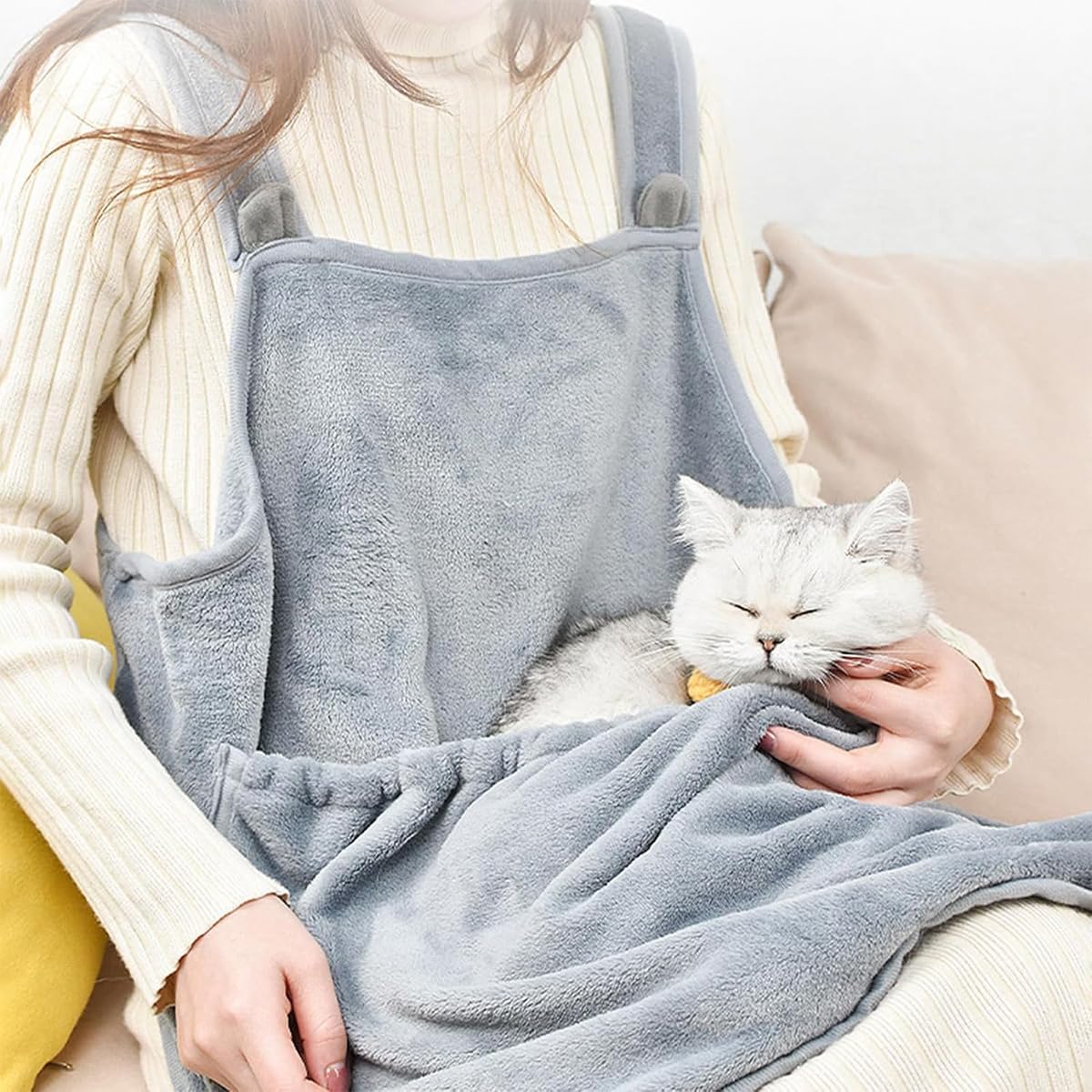 Tablier de Transport pour Chat avec 4 Trous, Sac en Peluche pour Compagnon (Gris)