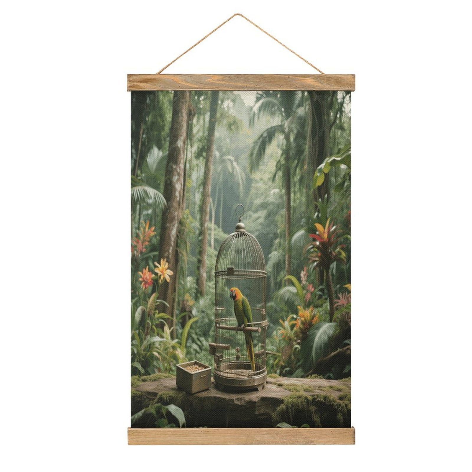 VstaDank Parrot in Rainforest Hanging Poster with Wooden Frame Modern Linen Hanging Painting Retro Style Wall Decor Art Painting for Living Room,Bedroom Decor Poster Frame 20.4x13.1inch