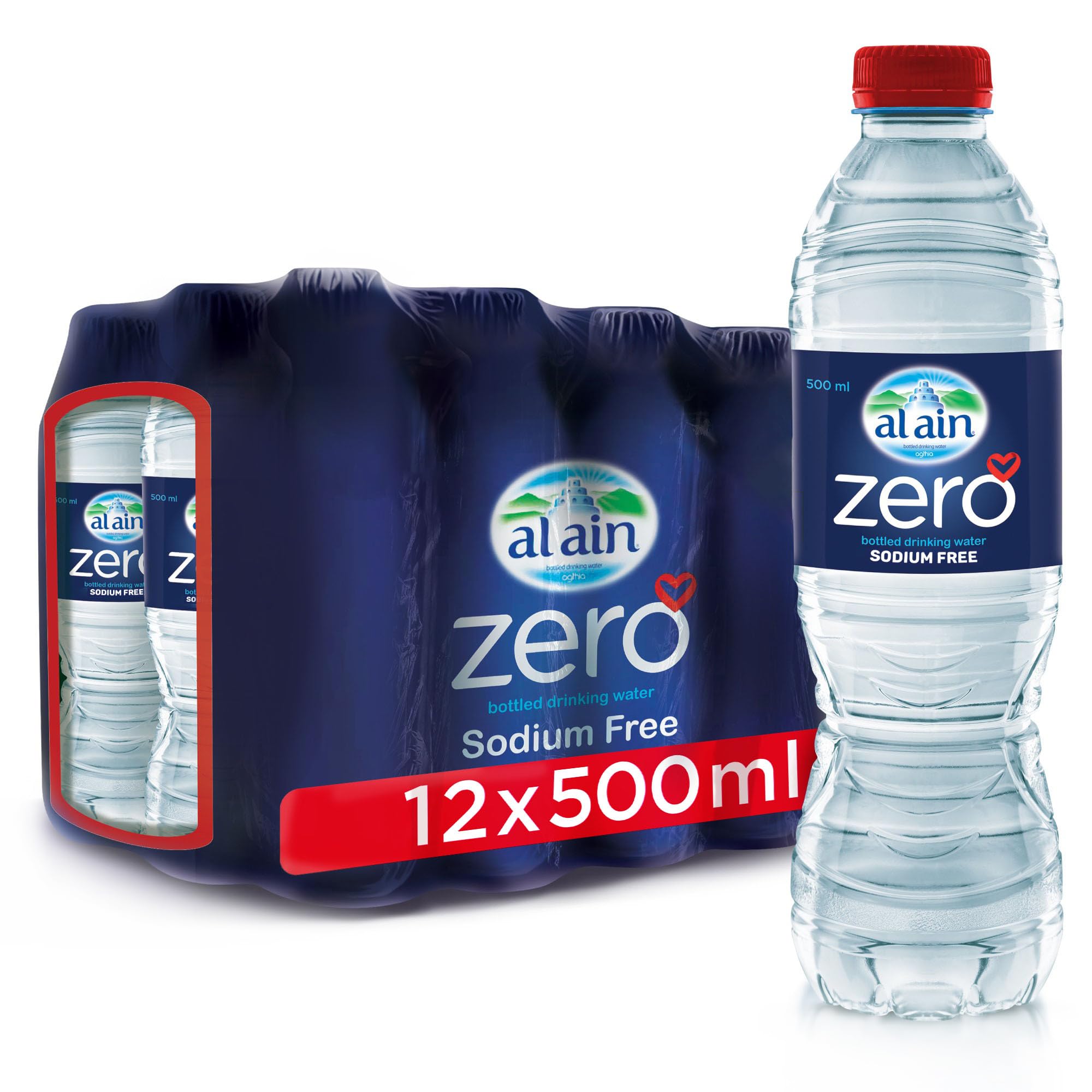 Al Ain Zero, 500ml Water, Pack of 12, Zero Sodium Water, Pure Refreshing Al Ain Water, pH Neutral Bottled Water