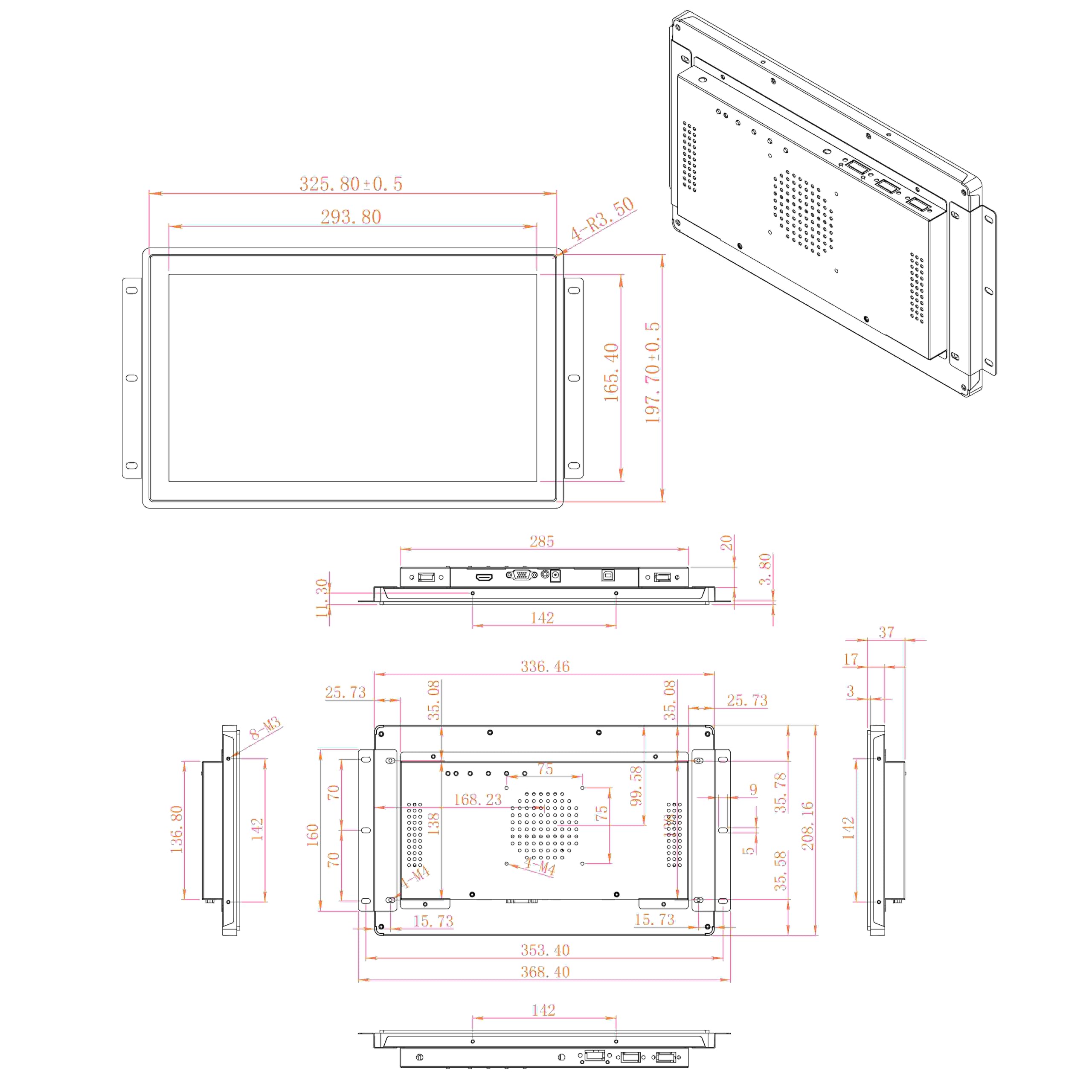 VSDISPLAY Monitor industriale di tocco di 13.3 pollici, 1920×1080, 300 nits | IP65 anteriore, tocco di 10 punti, ampio angolo di visione, corpo del metallo
