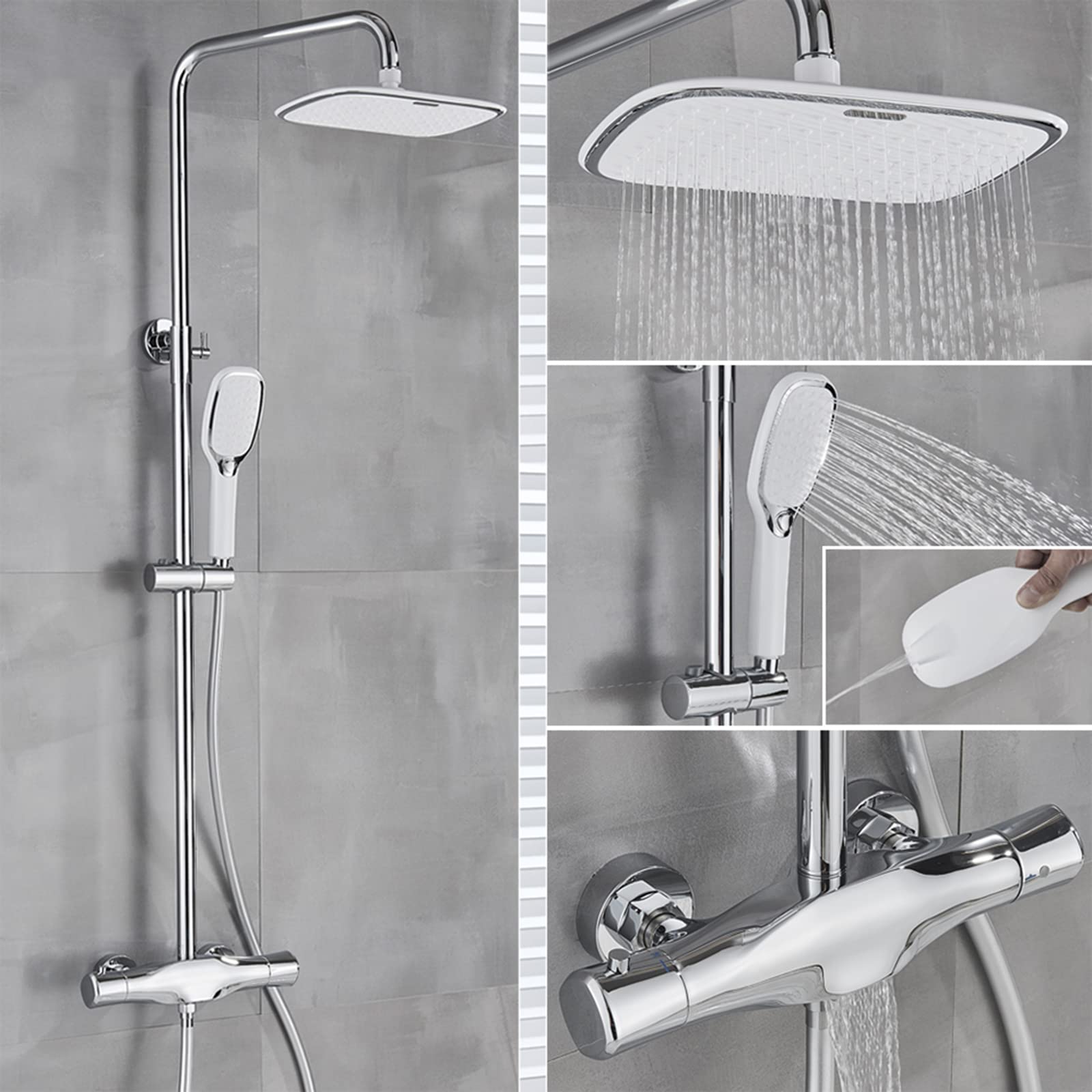 alcachofa de Ducha Cabezal de Ducha Tipo Lluvia de 25 × 19 cm y Columna de Ducha expuesta con Ducha de Mano de 2 Funciones, fácil instalación, Cromado (Cromo(Matte Black)