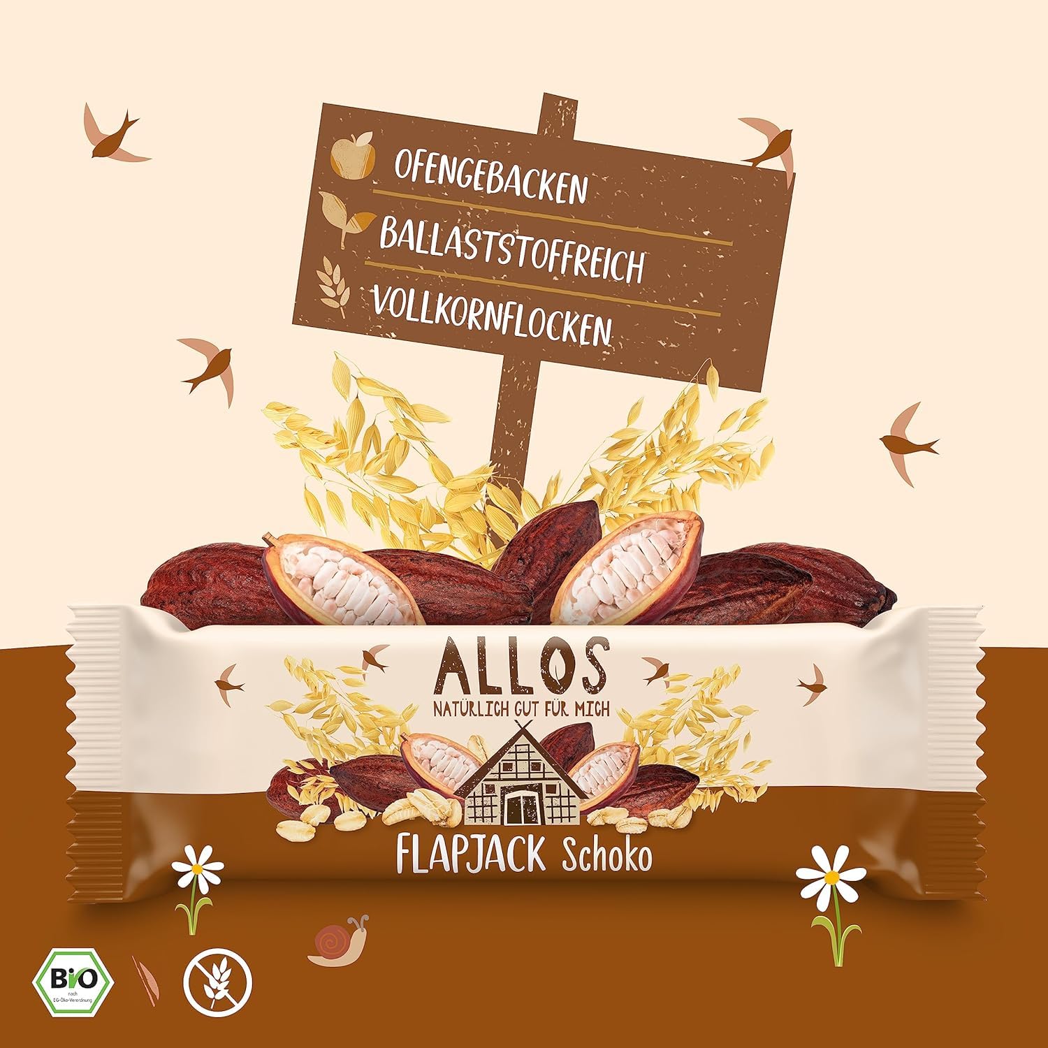 Allos Hafer Flapjack Schoko | Bio Energieriegel vegan | 16 x 50g | Saftiger Hafer-Riegel mit Schoko | vegan | Sport- & Energieriegel für unterwegs