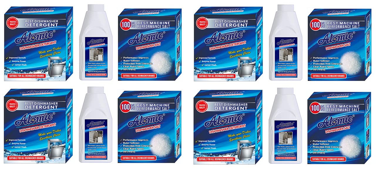 ATOMIC Dishwasher Starter [Combo Pack OF 4]- Dishwasher Detergent 4 X 900 GM, Salt 4 X 900 GM, Atomic Rinse Aid for Dishwasher Liquid - 4 X 400ml | India's # 1 Dishwashing Brand-image-39