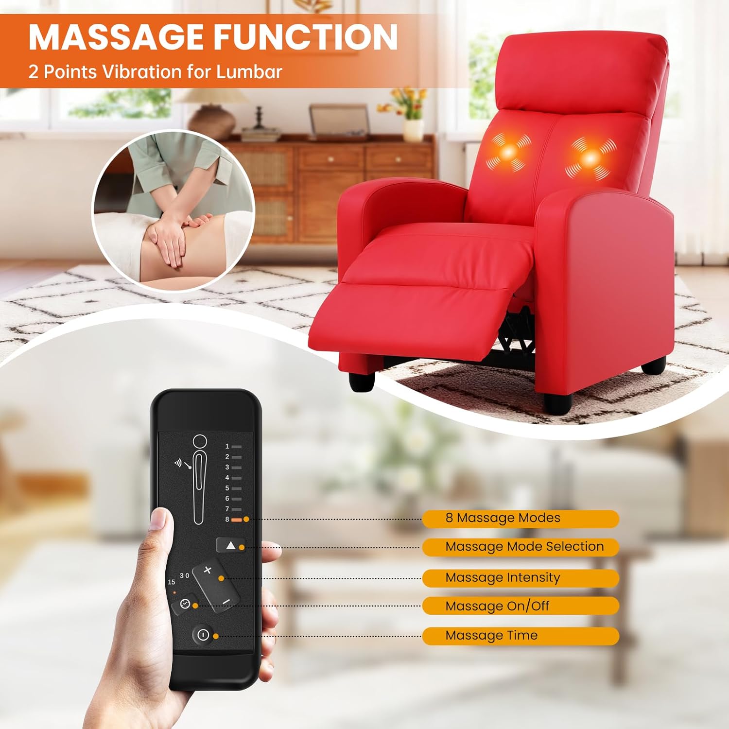 BLKMTY Massage Recliner Chair for Living Room, Single Sofa Recliner Adjustable Reading Chairs Modern Ergonomic Recliner Club Chair Home Theater Seating Massage Leather Lounge, Red