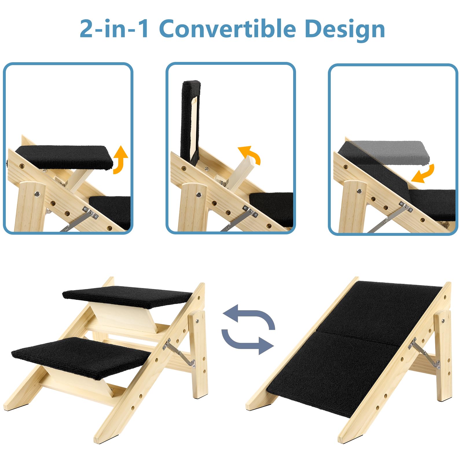 Rampa Pieghevole in Legno 2-in-1 per Cani con 2 Gradini, Scale Durevoli in Legno per Cani/Gradini per Animali Domestici per Cani di Piccola e Media Taglia, Scale per Animali Domestici-IT