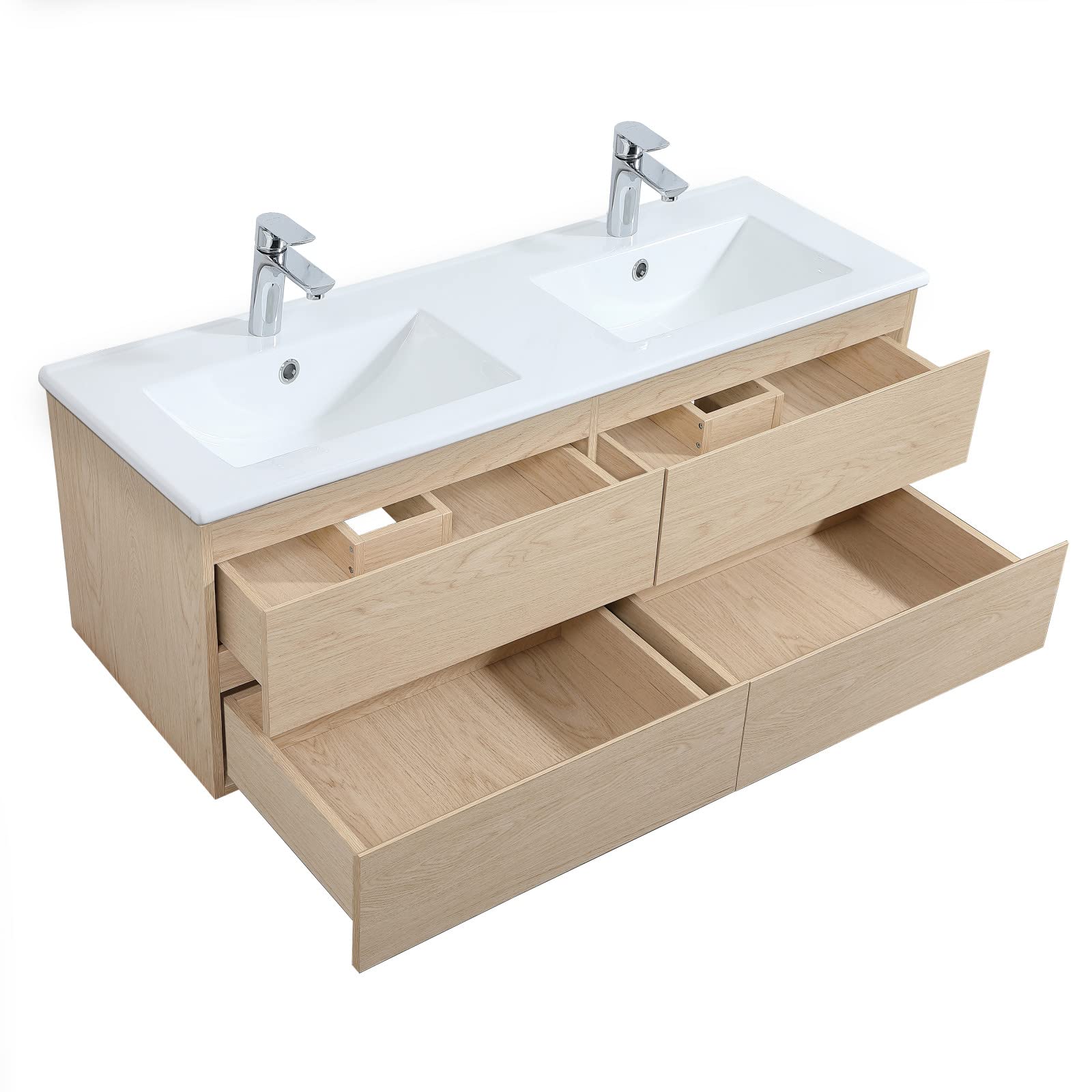 MOB-IN Meuble Double Vasque 120cm avec Plan céramique Sorrento Décor chêne + Colonne