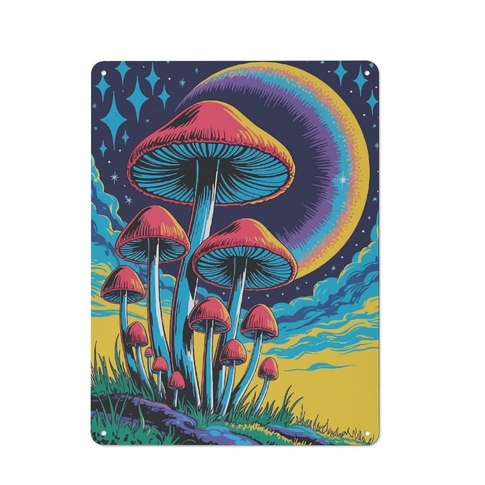 Junmoney Mushroom Landscape With Rainbow Moon Cottage Metal Wall Decor 40X30cm, Shed Metal Sign For Patio Bar, Workshop, Shed Or Kitchen