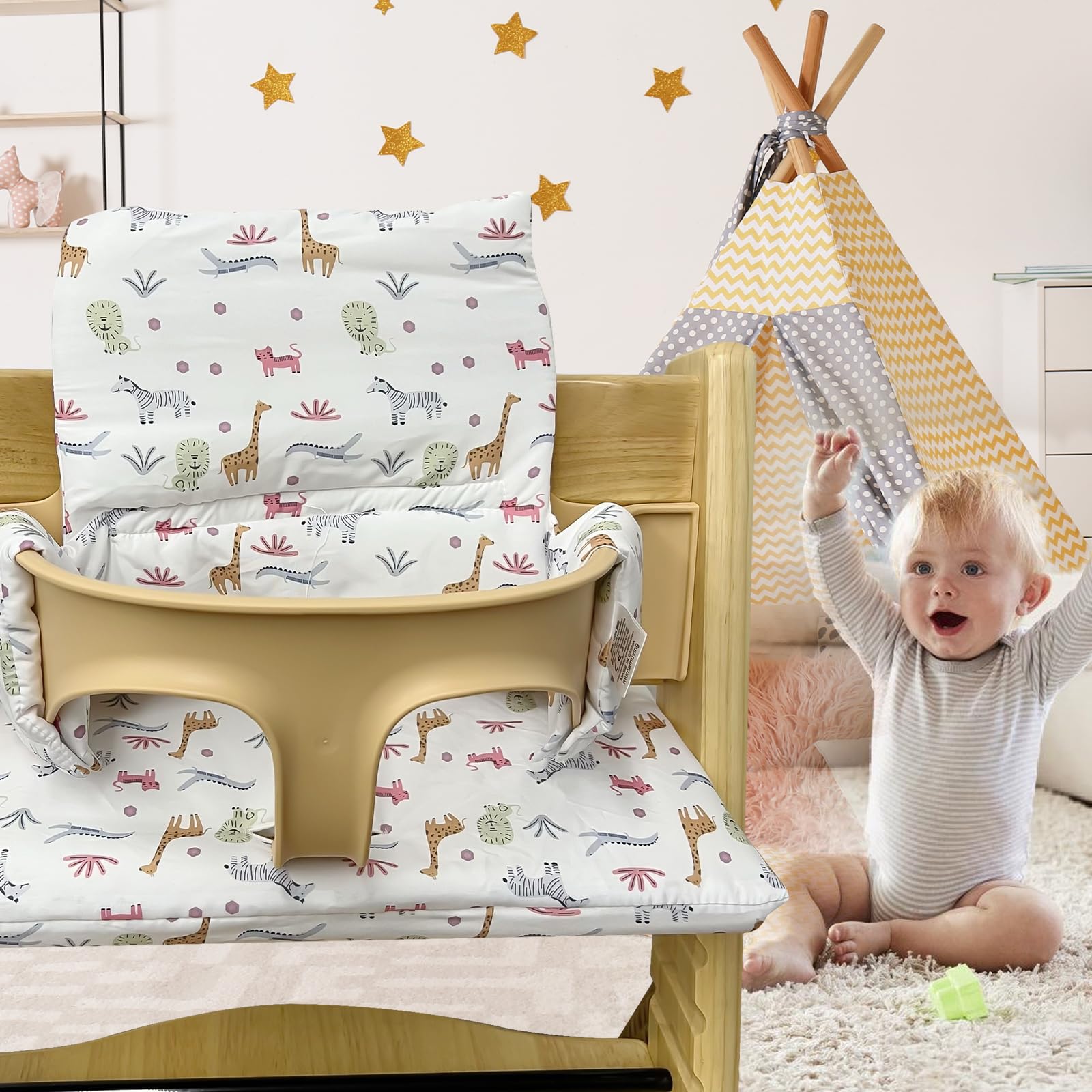 Cojín de asiento para trona Tripp Trapp: cojín antideslizante, revestimiento laminado, cojín de bebé de algodón orgánico, lavable a máquina, fácil montaje, diseño zoológico