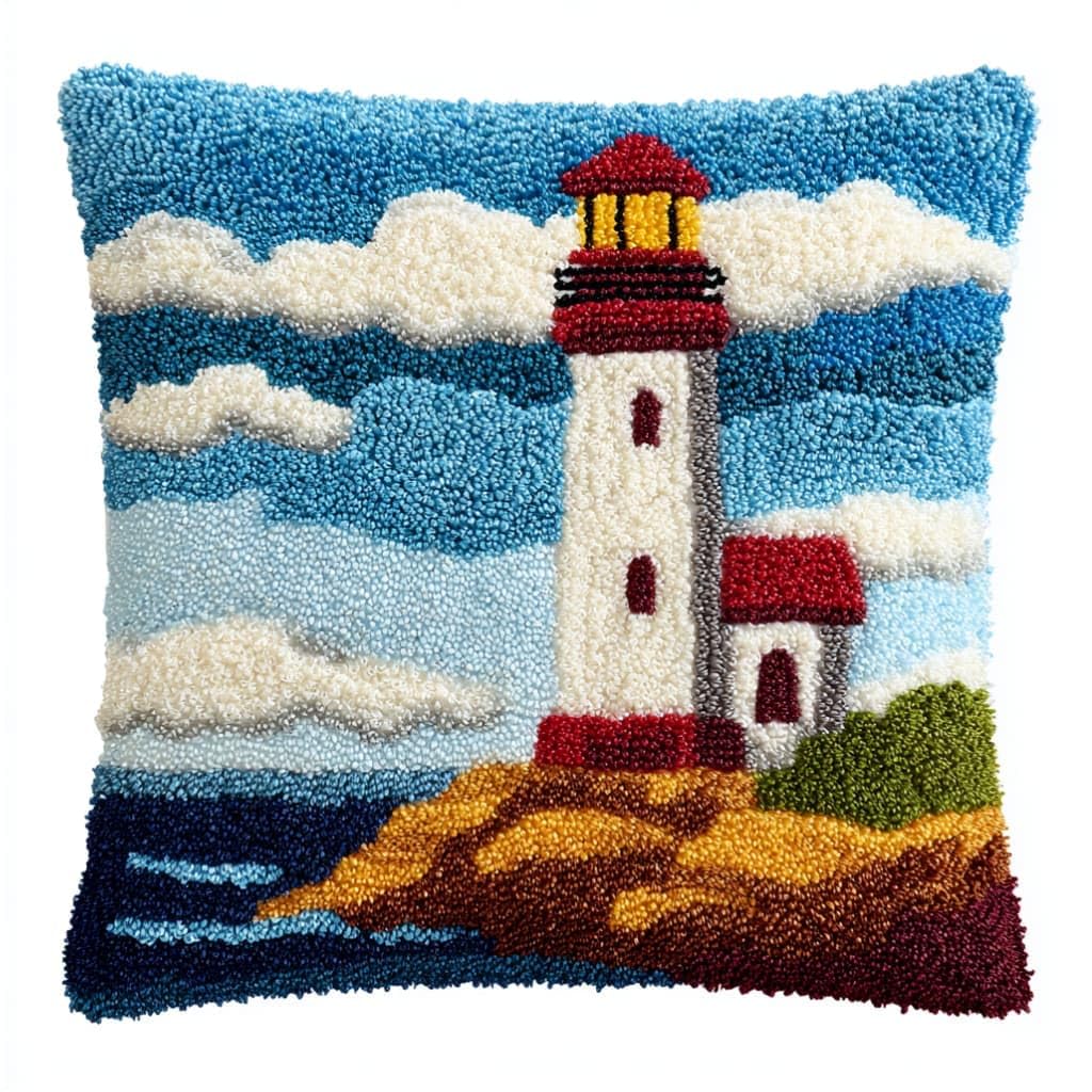 Taxpy DIY Latch Hook Pillow Kit Pre-Printed Hook and Latch Rug Kits Lighthouse 17X17 Inch.Cross-Stitch Embroidery Cushion Cover for Home Sofa Decoration