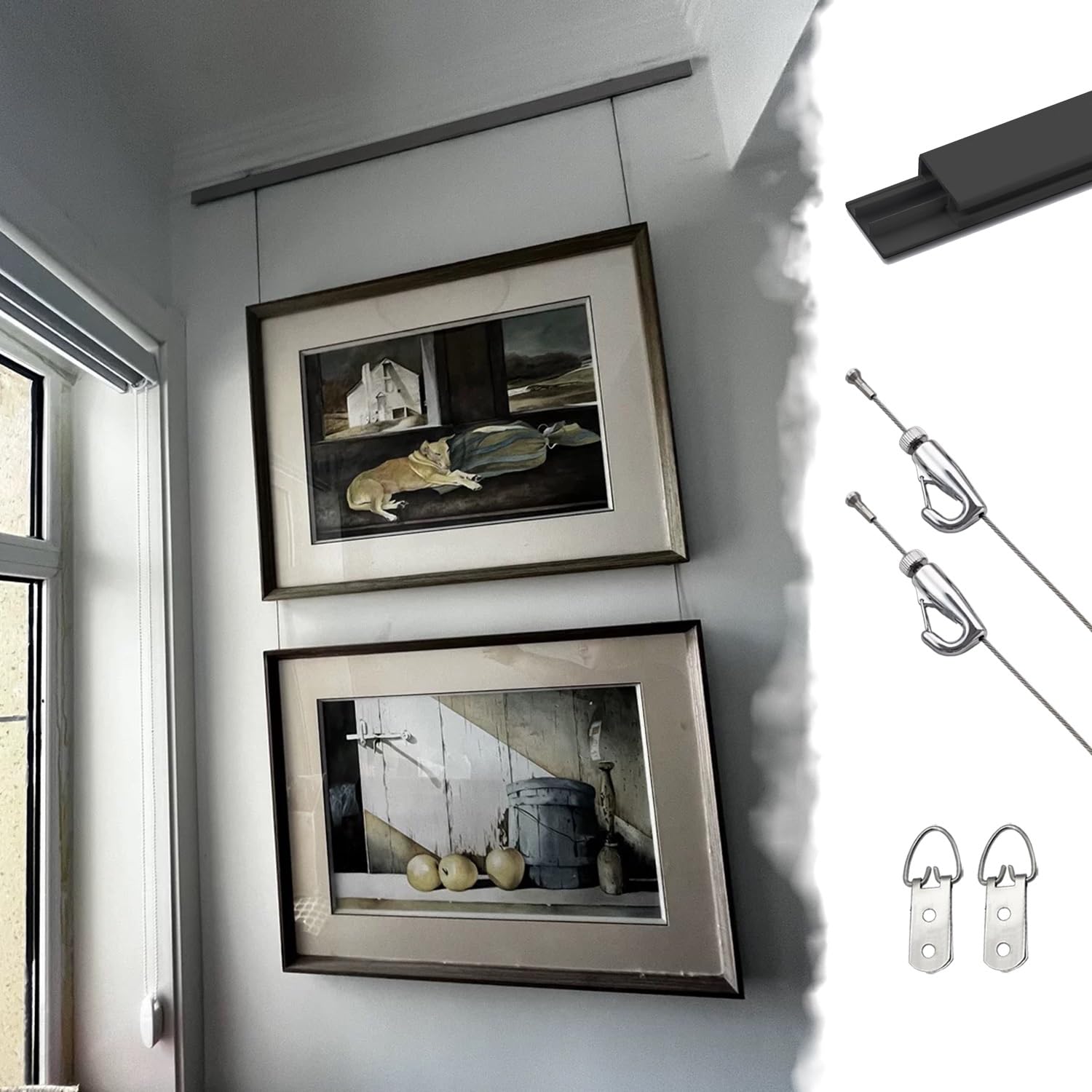 Cimaise pour Tableau Crochets et Fil Noir pour Cimaise de Miroir, Suspensions pour Cadres de Salon, Galerie, Exposition, Kit de Crochets à Clic pour Tableaux de 1 M, 1,5m et 2m de Long(2 m/6.6' cable,
