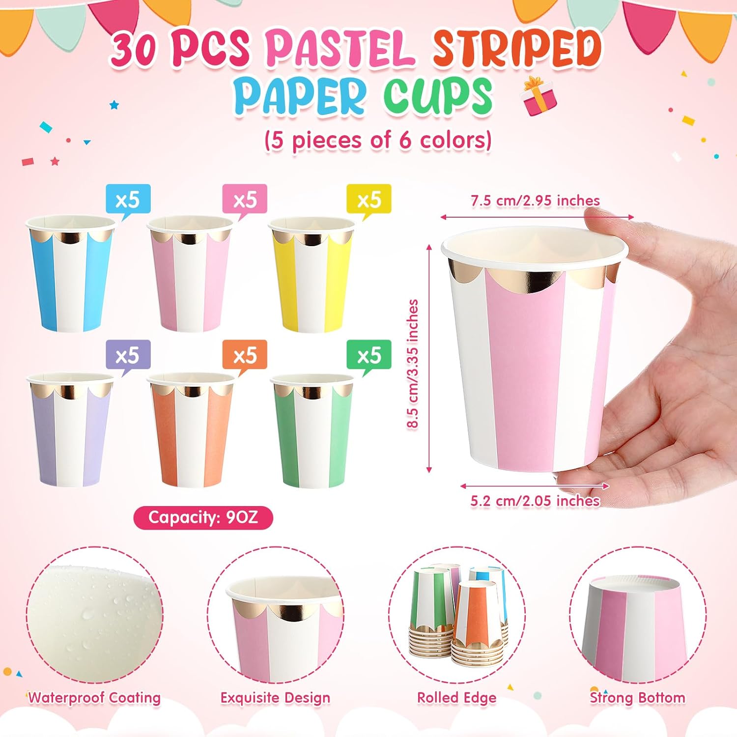 Mimorou 150 Pcs Pastel Scalloped Paper Plates Disposable Macaron Party Plates 7 Inch Gold Edge Colorful Dinnerware Set Striped Pastel Rainbow Tableware for Wedding Birthday Baby Shower Party Supplies