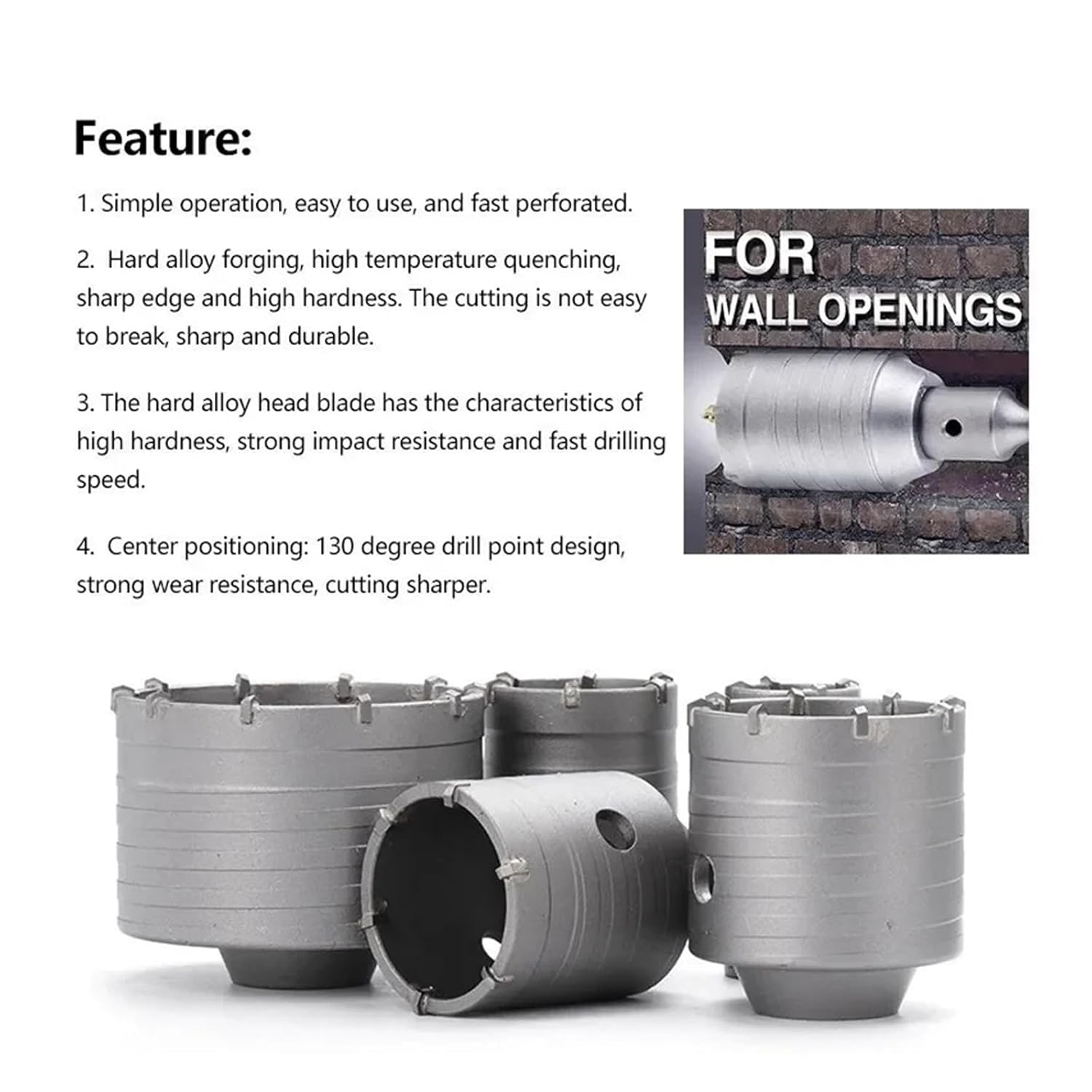 Tungsten Carbide Core Drill Bit Set with SDS Adapter 4 Sets Concrete Hole Saw Kit for Professional Construction Tools, Ideal for DIY Projects,Heavy Duty Use
