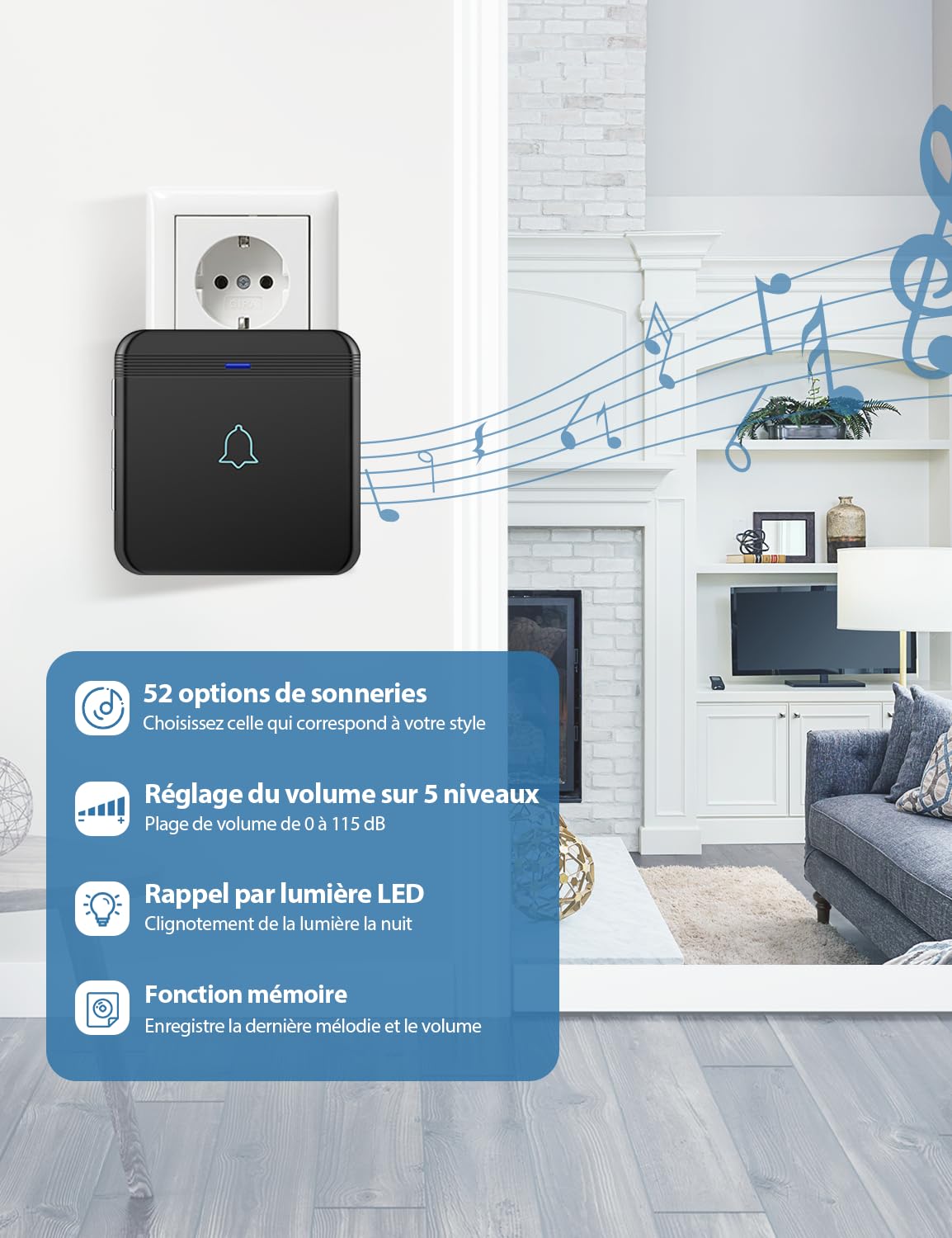 AVANTEK Sonnette sans Fil, Bouton de Sonnette, Carillon de Porte étanche IP55 avec 1 récepteurs enfichables, Flash LED, 5 Niveaux de Volume, 52 mélodies, portée de Fonctionnement de 400 m, Noir