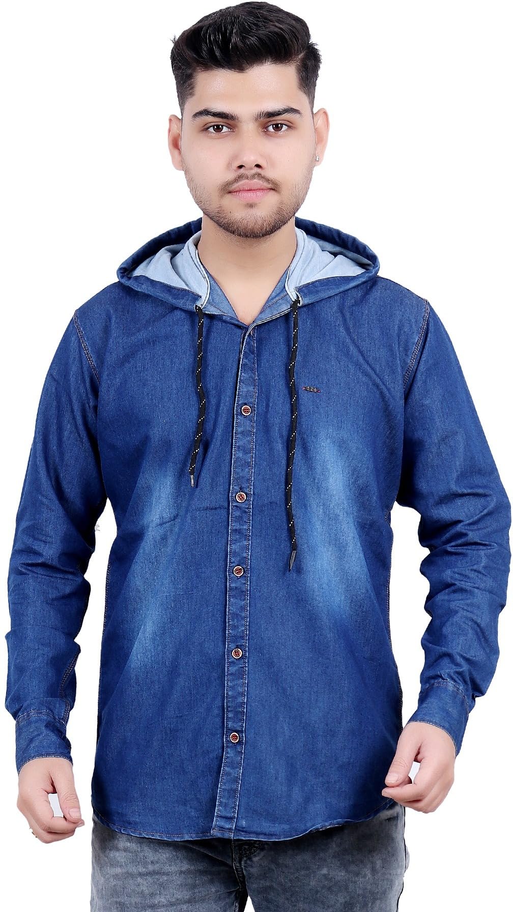 sqs Regular Fit Full Sleeve Washed Denim Hooded Shirt for Men - Denim Shirt with Cap-picture-24