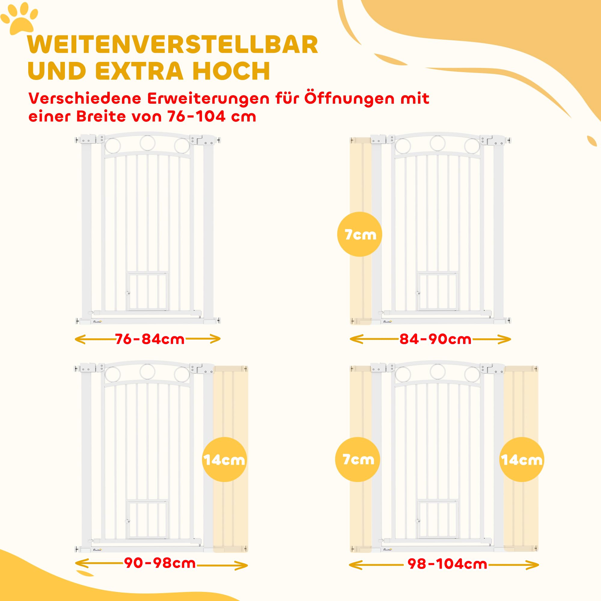 PawHut Puerta Puerta de Seguridad Perro, 76-104 cm Barrera Puerta sin taladrar, Puerta de Escalera de Acero, Puerta de Escalera con Puerta de Gato, Puerta de Seguridad, Puerta de Seguridad para | Barrera de seguridad para escaleras, de acero, con puerta d