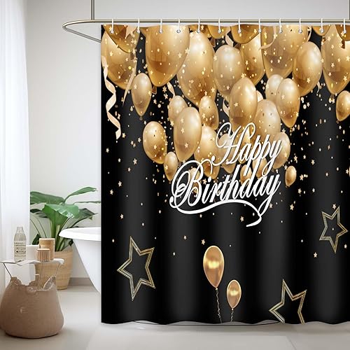 Miniatura 2 de Cortina de ducha de feliz cumpleaños, juego de cortina de ducha impermeable, decoración de baño con 12 ganchos, 72 x 72 pulgadas