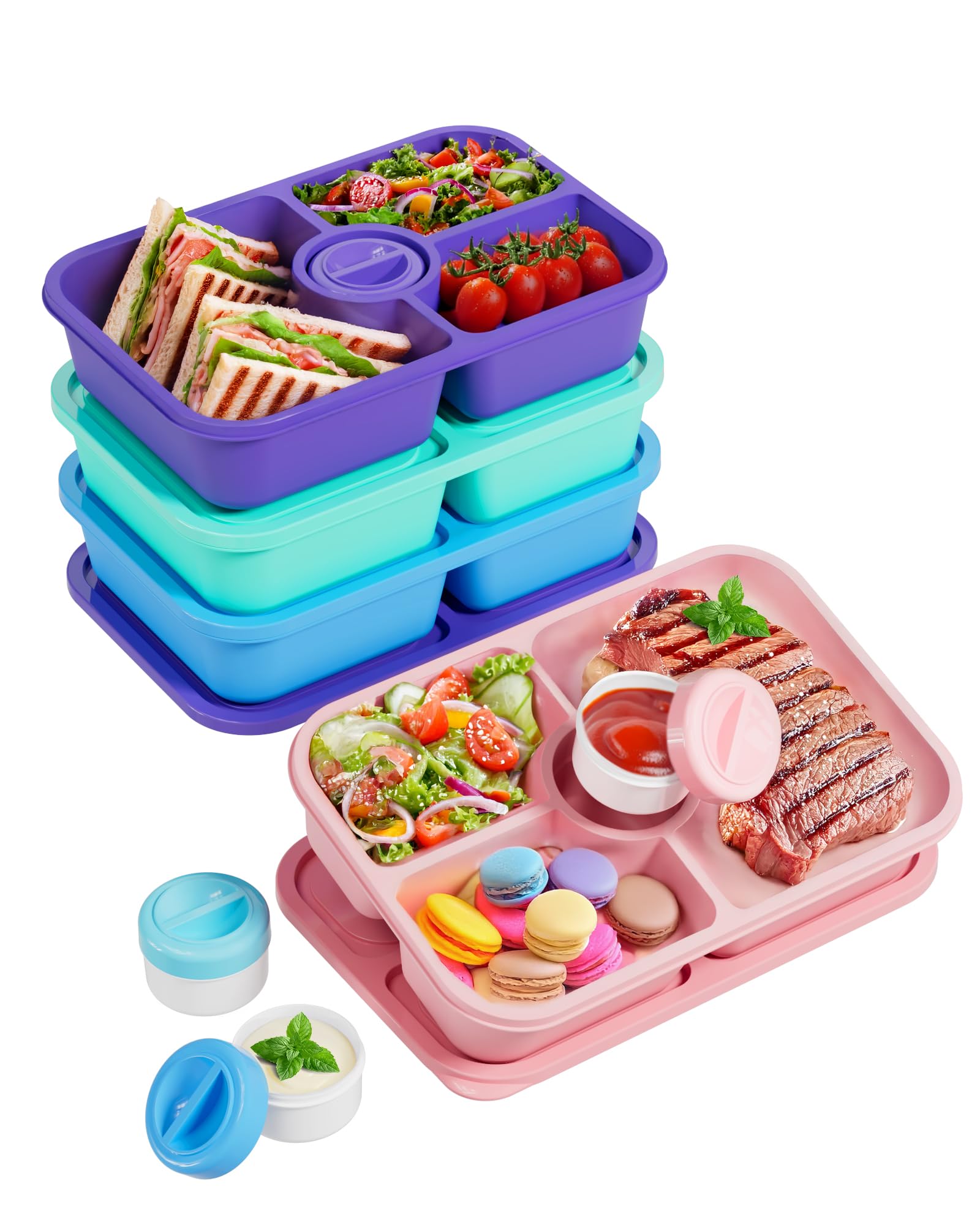 4 Pcs Bento Snack Box Containers, 4 Compartment Divided Stackable Food Storage Containers with Lids, Meal Prep Lunch Container with Sauce Cups