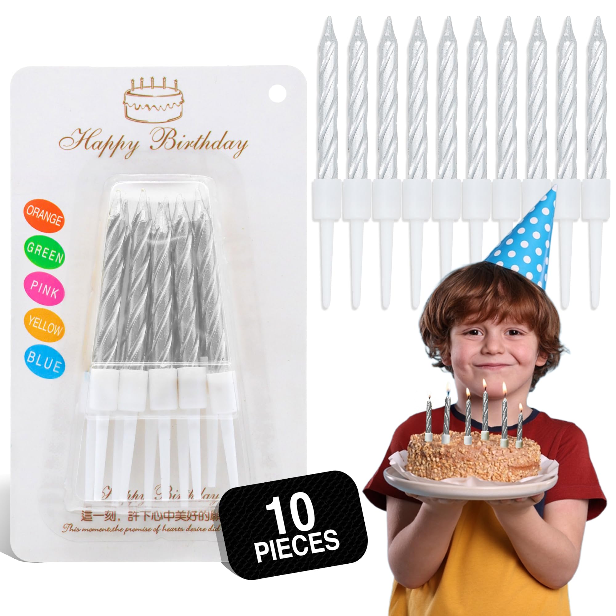 Expbroz Silver Birthday Candles, Birthday Candles For Cakes, Pack Of 12 Gold Party Spiral Candles With White Candle Holders, Candles For Wedding, Birthday, Party Decorations, Anniversary And Meetups (Silver)