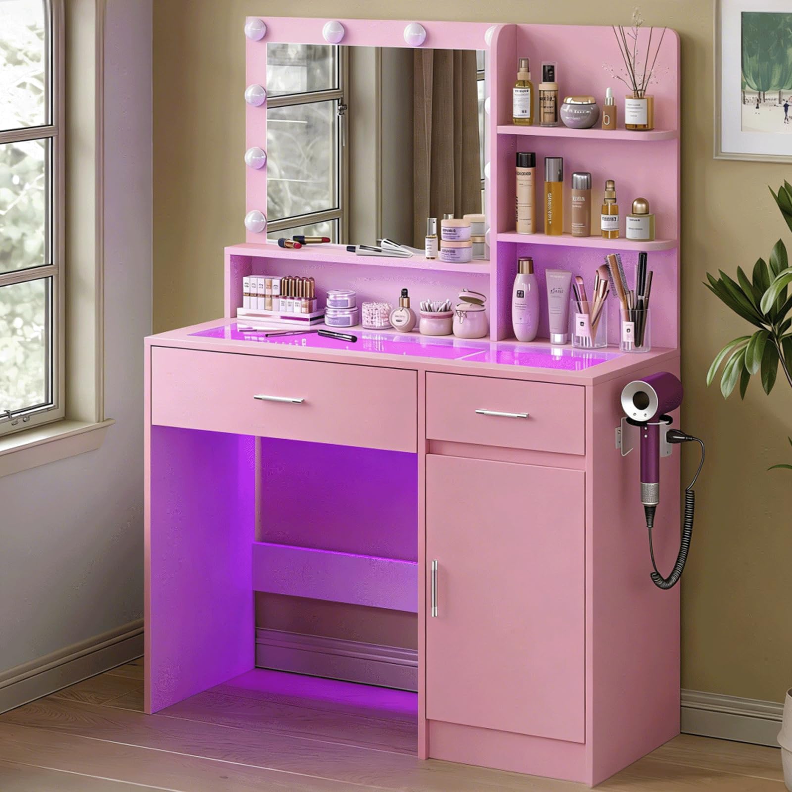 HuaYing Vanity Desk with Mirror & 10 Lights,Modern Makeup Desk with 2 Drawers,3 Lighting Modes Brightness Adjustable,Power Outlet,Bedroom Dressing Table, Pink