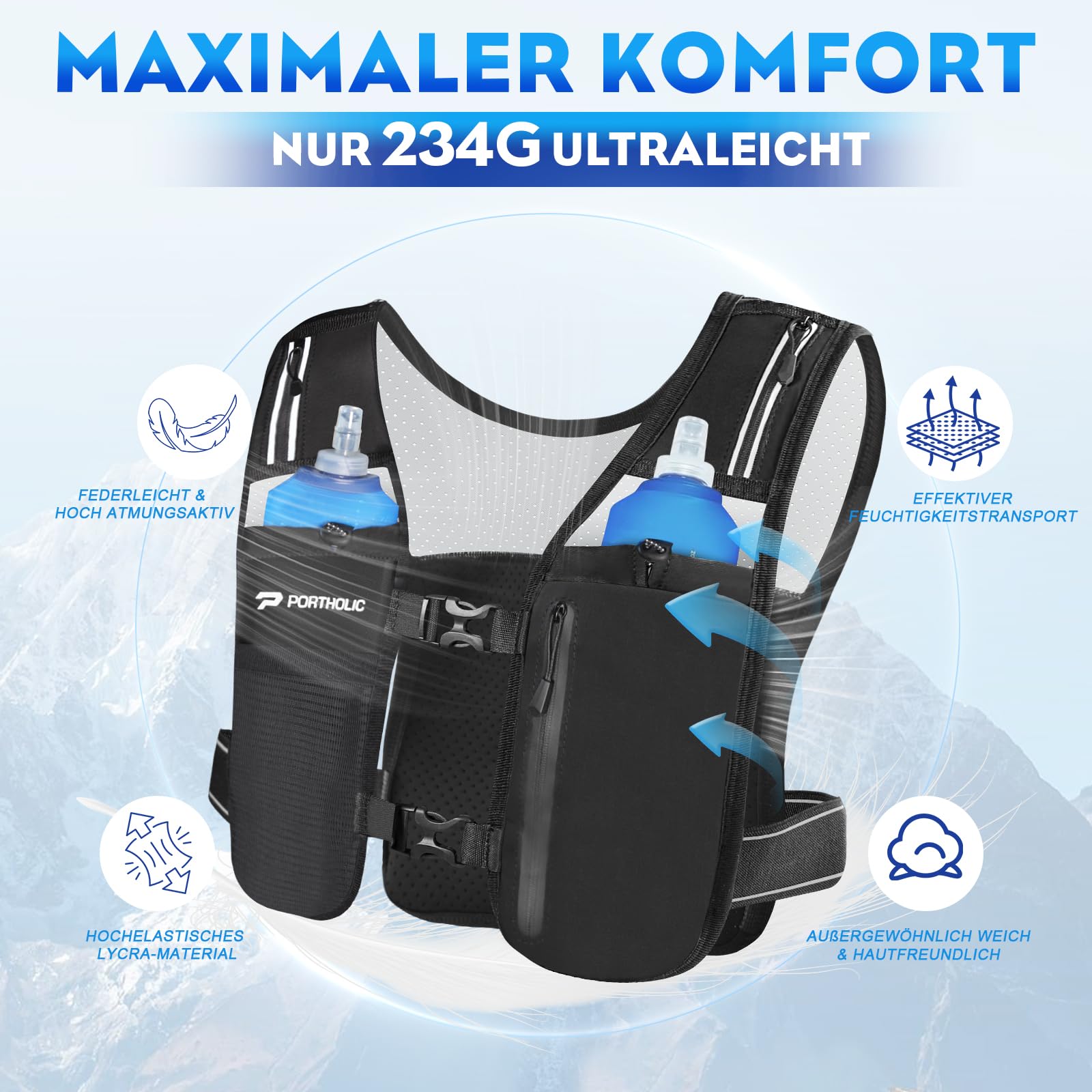 PORTHOLIC Gilet da corsa da uomo e donna, con 2 bottiglie da 500 ml, luce a LED, riflettente a 360°, impermeabile, leggero e regolabile, per jogging, trail running, trekking, maratona