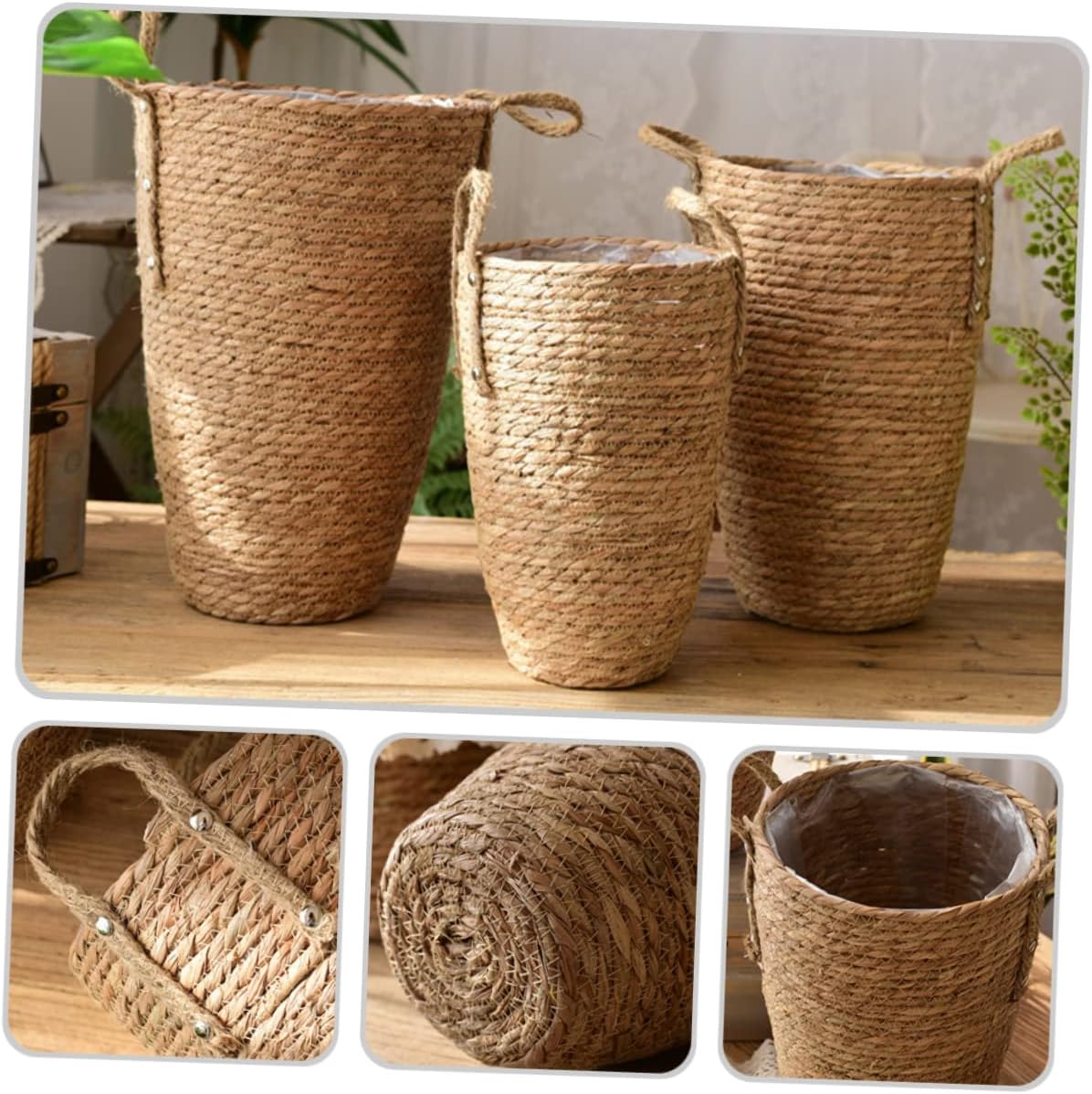 YARNOW Woven Flower Basket Plants Pots Indoor Seagrass Storage Vintage Vase Large Planters for Indoor Plants Rattan Multi-Purpose Garlic Seaweed