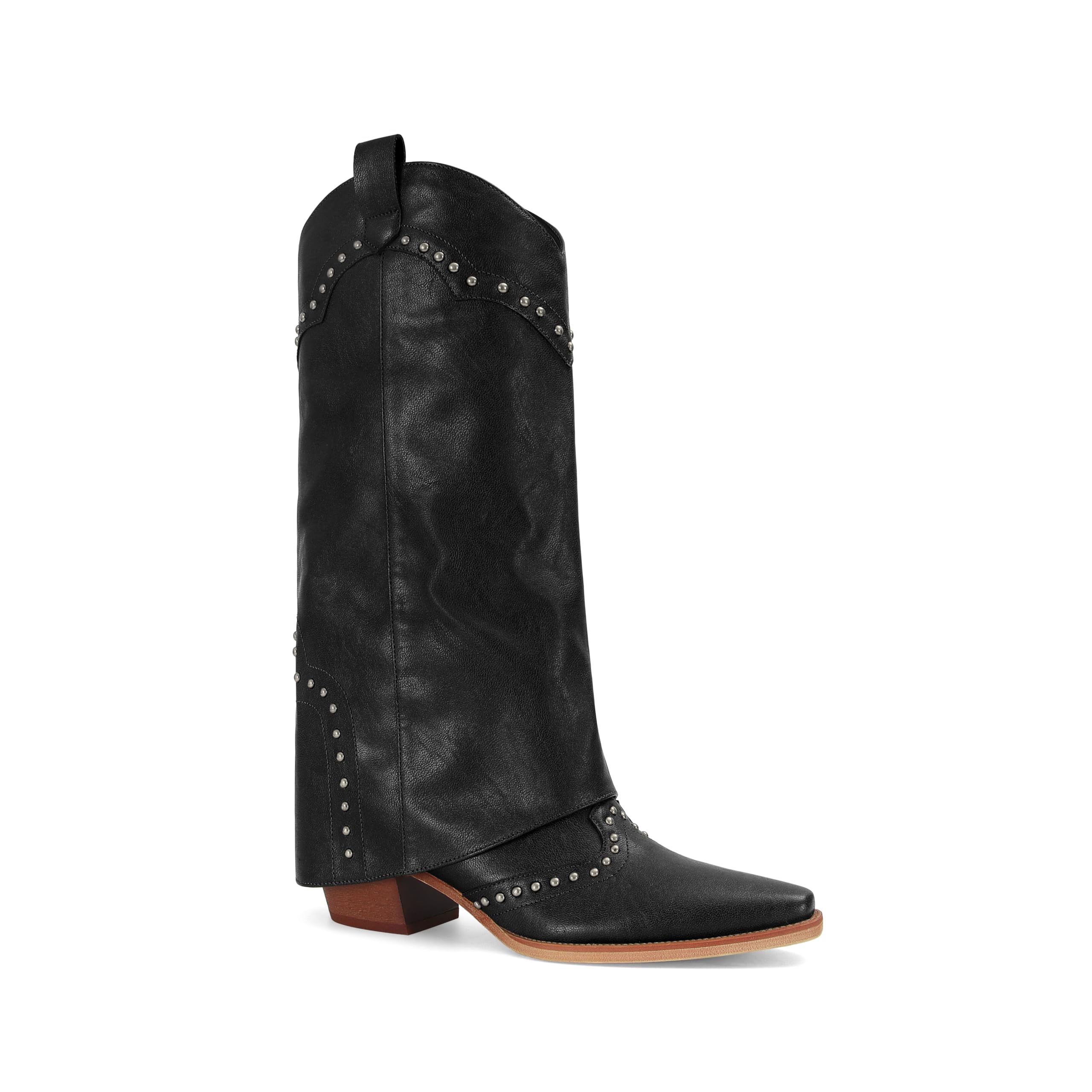 Fold Over Shark Boots for Women Snip Toe Chunky Heel Wide Calf Cowboy Boots Studded Pull On Classic
