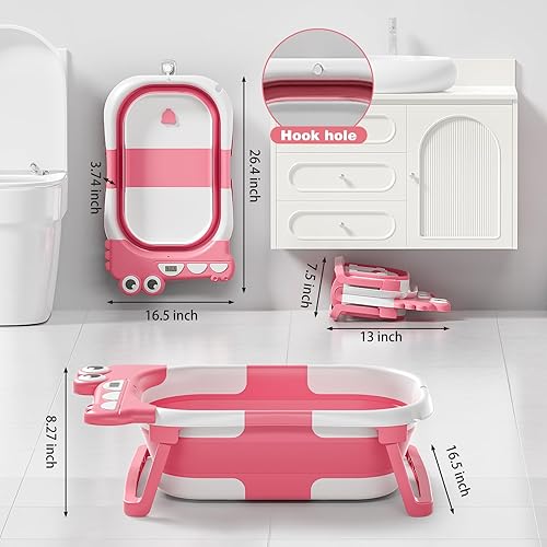 Miniatura 4 de Bañera plegable para bebé recién nacido, bañera plegable para bebé con termómetro y cojín flotante suave y orificio de drenaje, bañera portátil de