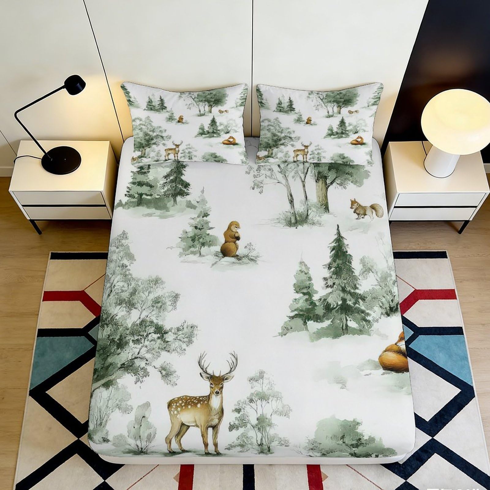 3D Printed Forest Deer Fitted Sheet Microfiber Soft Breathable Woodland Squirrel Mattress Cover for Bedroom Guest Room Decor 90x200x25cm