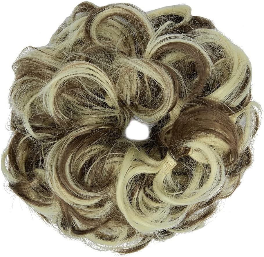 OMGREAT 1Pack Messy Hair Bun Hair Scrunchies Extension Curly Wavy Fake Hair Buns Messy Synthetic Chignon for Women Updo Hairpiece Brown Mix Bleach Blonde - Image 3