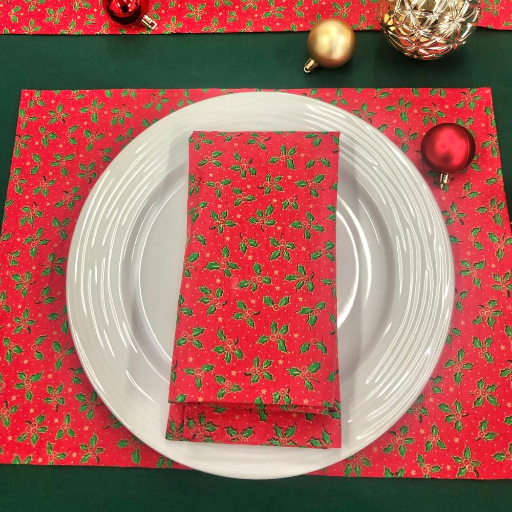 Cotton & Linen Blend Christmas Table Runner Festive Table Decor Santa, Reindeer, Snowmen & Trees - Perfect for Holiday Dining Table & Kitchen Decoration (Red Festive Holly, 30cm x 240cm)