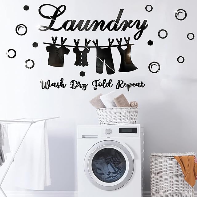 3D Acrylic Mirror Wall Stickers Laundry Wash Dry Fold Repeat Wall Stickers, Mirror Surface Laundry Letters Sign with Bubbles Decorative Mirror Wall Sticker for Laundry Room Wall Decorations(Black)