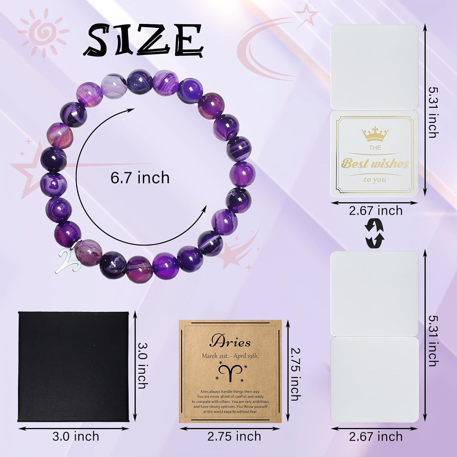 Aries Bracelets Birthday Gifts, Zodiac Astrology Bracelets Present for Women, Aries Constellation Crystal Bracelet, Purple Unique Jewelry with Wish Card for Sister Mom Friend - Image 2